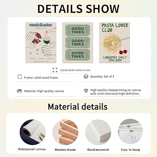 Miniatura 6 de Juego de 3 lienzos de pared en lienzo verde vintage de moda, pósteres de boletos de Good Times, impresiones divertidas para amantes de la pasta,