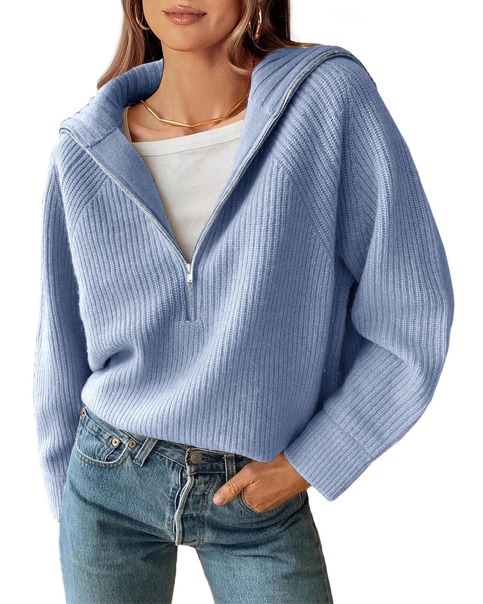 BTFBM Womens Sweaters Quarter Zip Pullover V Neck Collar Long Sleeve Ribbed Knit Loose Casual 2026 Winter Fall Sweater