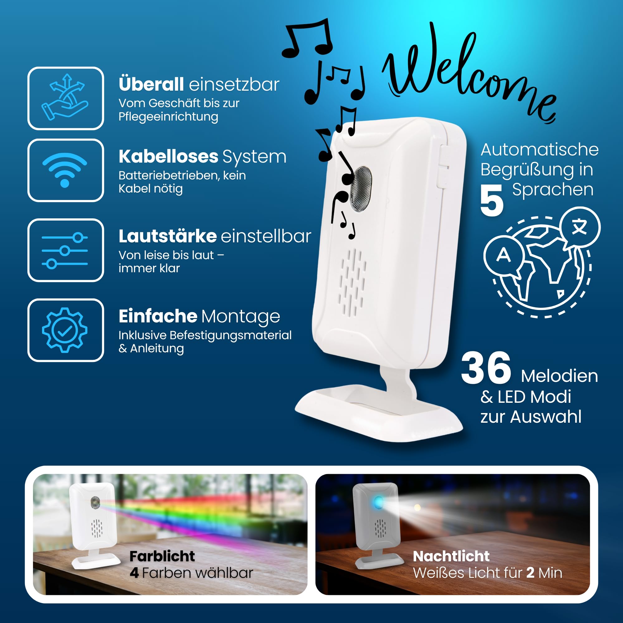 Timbre inalámbrico con sensor de movimiento, timbre de entrada de tienda con sensor, alerta de acceso Plug & Play para tiendas, oficinas, restaurantes, melodías de volumen ajustable, funciona