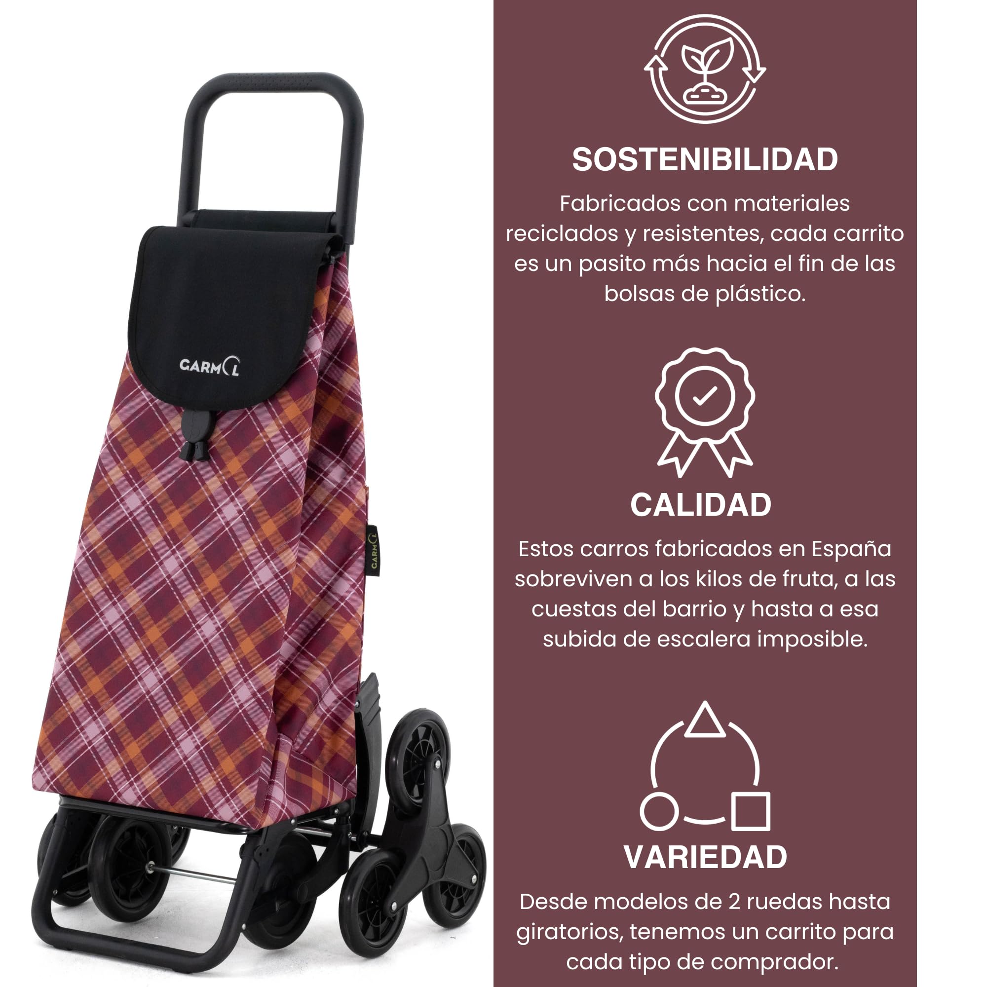GARMOL Carro de la Compra Plegable 55 litros | Carro de la Compra 8 Ruedas Sube Escaleras de Gran Capacidad | Carrito Compra Plegable Color Granate