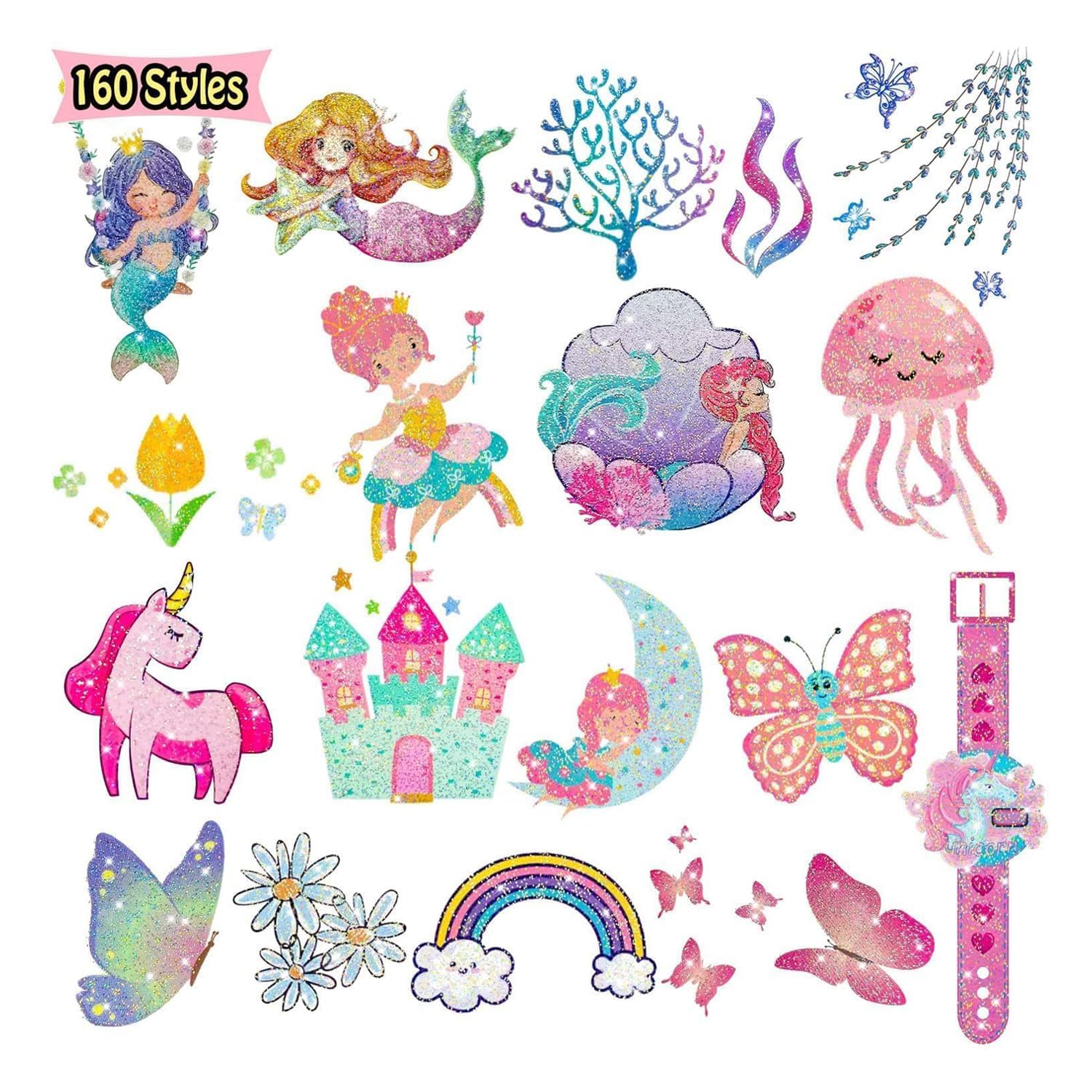 Leesgel Glitter Tattoos for Girls, 160 Styles Glitter Tattoos for Kids Party Bag Fillers, Fake Transfer Tattoo Stickers for Boys Girls Games Toys Birthday Halloween Decorations Supplies