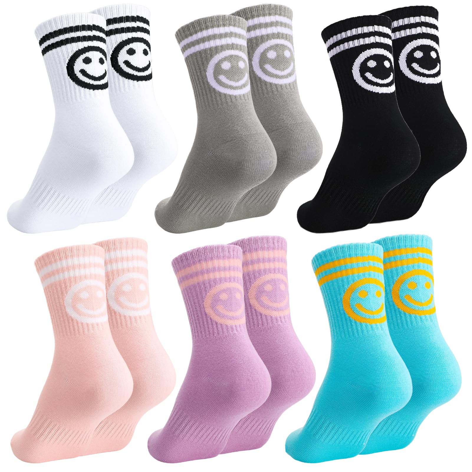 Utensilsto 6 Paar Tennissocken für Kinder 30-34 Baumwolle Streifen Sportsocken Lustige Socken mit Motiv Strümpfe mit lächeln Motiv Geschenke für Jungen und Mädchen