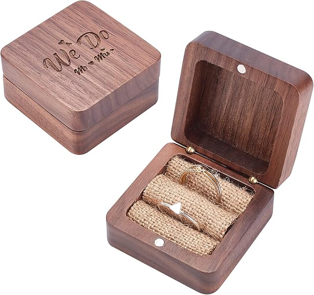 PandaHall We Do Ring Bearer Box Wooden Engraved Ring Box Rustic Wedding Ring Holder Double Round Ring Box for Marriage Decorative Vitage Beach Theme Wedding, 2.2x2.2x1.2 inch/ 5.5x5.5x2.9cm