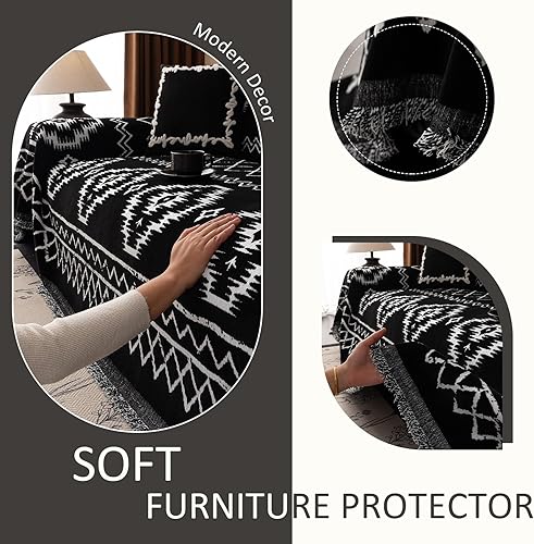 Miniatura 7 de VClife funda de sofá boho de felpilla para sofá seccional, funda antideslizante para sofá de 3 plazas, protector para mascotas con borlas, funda