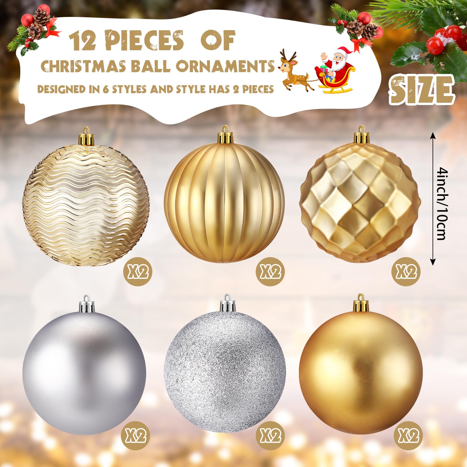 Syhood Juego de 12 adornos de bolas de Navidad de 4 pulgadas, inastillables, bolas de plástico para decoración de árbol de Navidad, bolas colgantes para árbol de Navidad, vacaciones, boda, fiesta