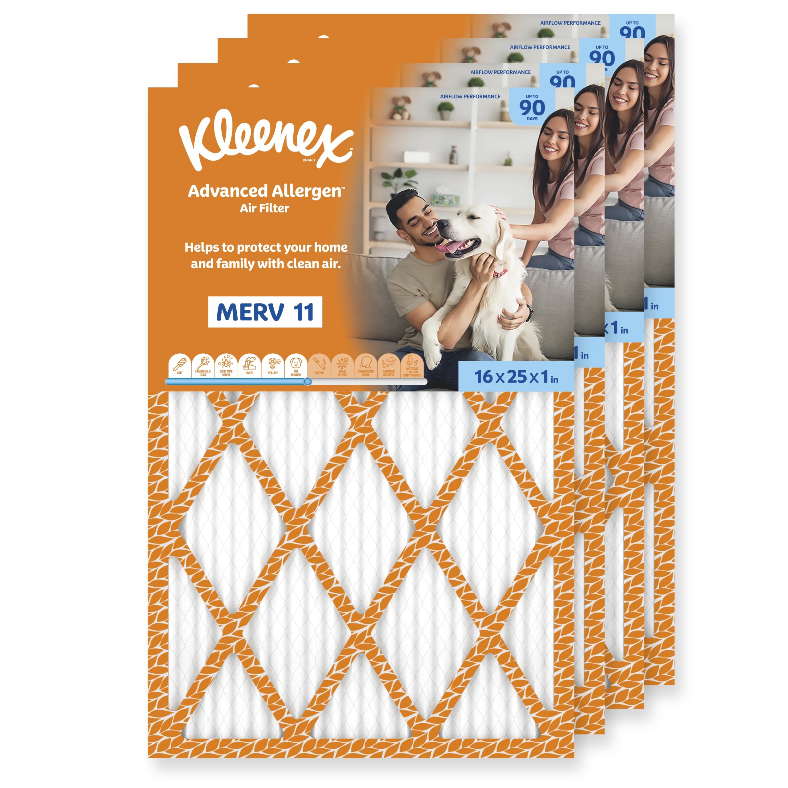 Kleenex Advanced Allergen Air Filter 16x25x1 Inches - 11 MERV RATING 4-Pack