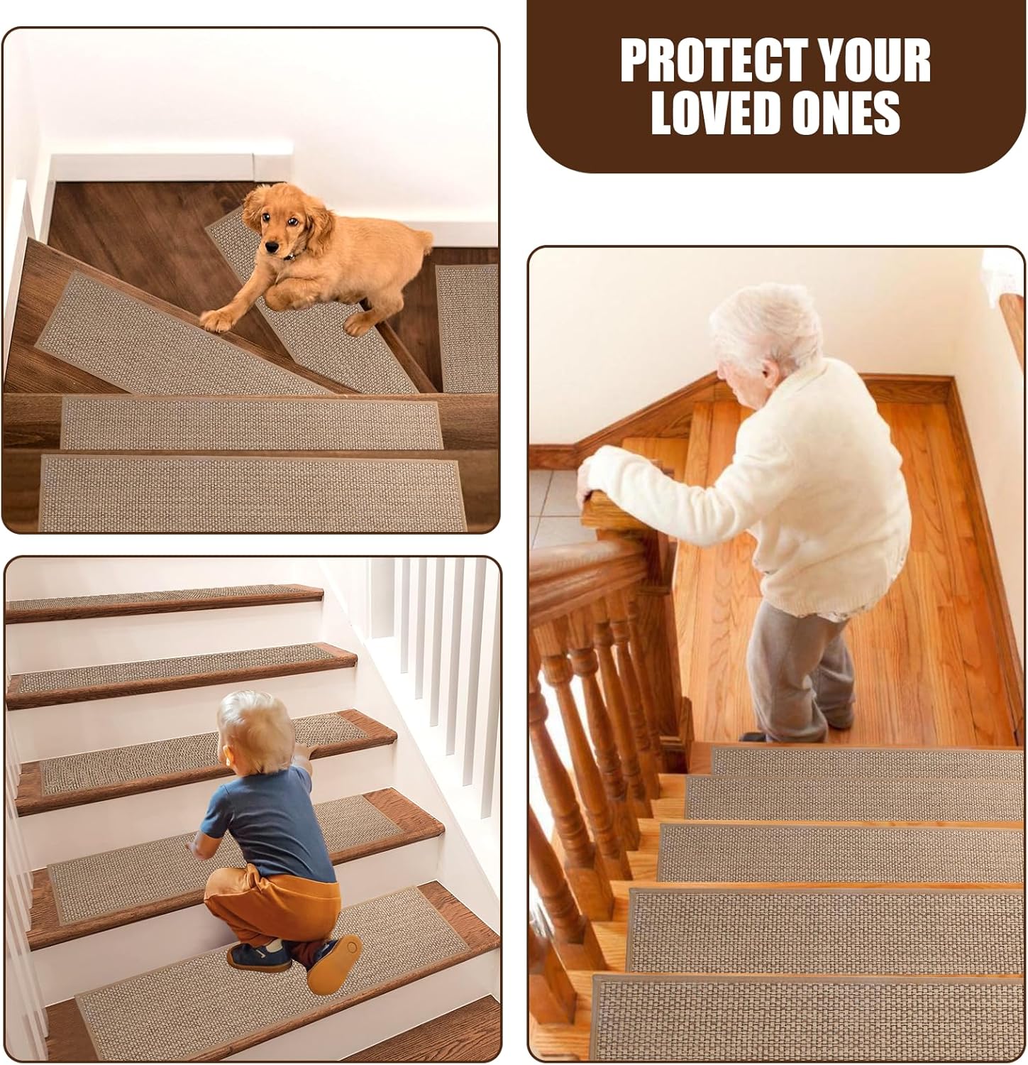15Pcs Linen Carpet Stair Treads for Wooden Steps –8" x 30" Stair Treads Non Slip with Self-Adhesive and Washable Backing – Staircase Step Treads for Kids, Elders, and Pets,Cream