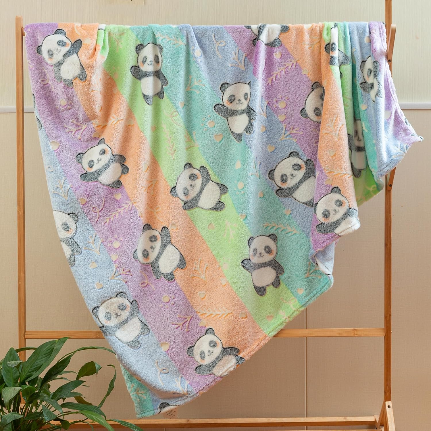Glow in The Dark Panda Pattern Flannel Blanket - Super Soft Rainbow Cozy Throw for Girls Kids Teens, Lightweight, Cute Bedding for Home Bedroom Sofa Couch Gift for Pandas Lover 50x60 Inches - Image 3