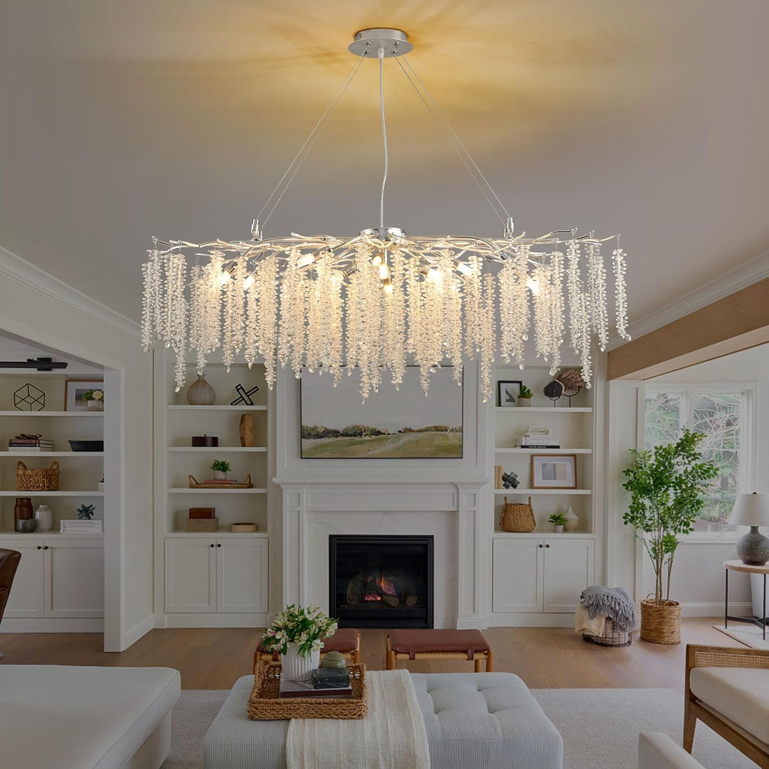 Modern Rectangle Crystal Tree Branch Chandelier, L40'' Silver Linear Art Deco Raindrop Indoor Hanging Pendant Light Fixture for Kitchen Island Dining Room Living Room Foyer 13 Lights