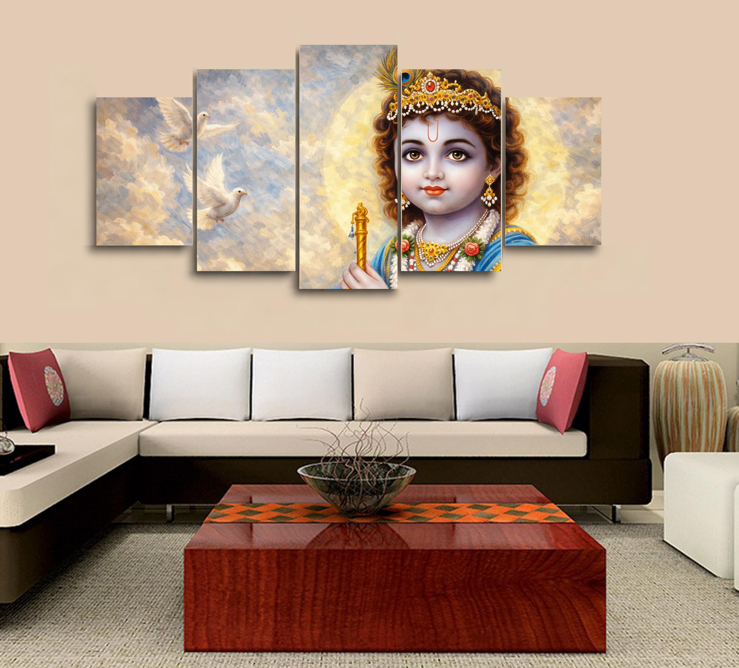 5 Panel Canvas Wall Art Framed Child Krishna Divine Portrait Painting Five Piece Spiritual Home Decor Canvas Prints for Living Room Bedroom Pooja Space Office Interior Decorative Wall Hanging