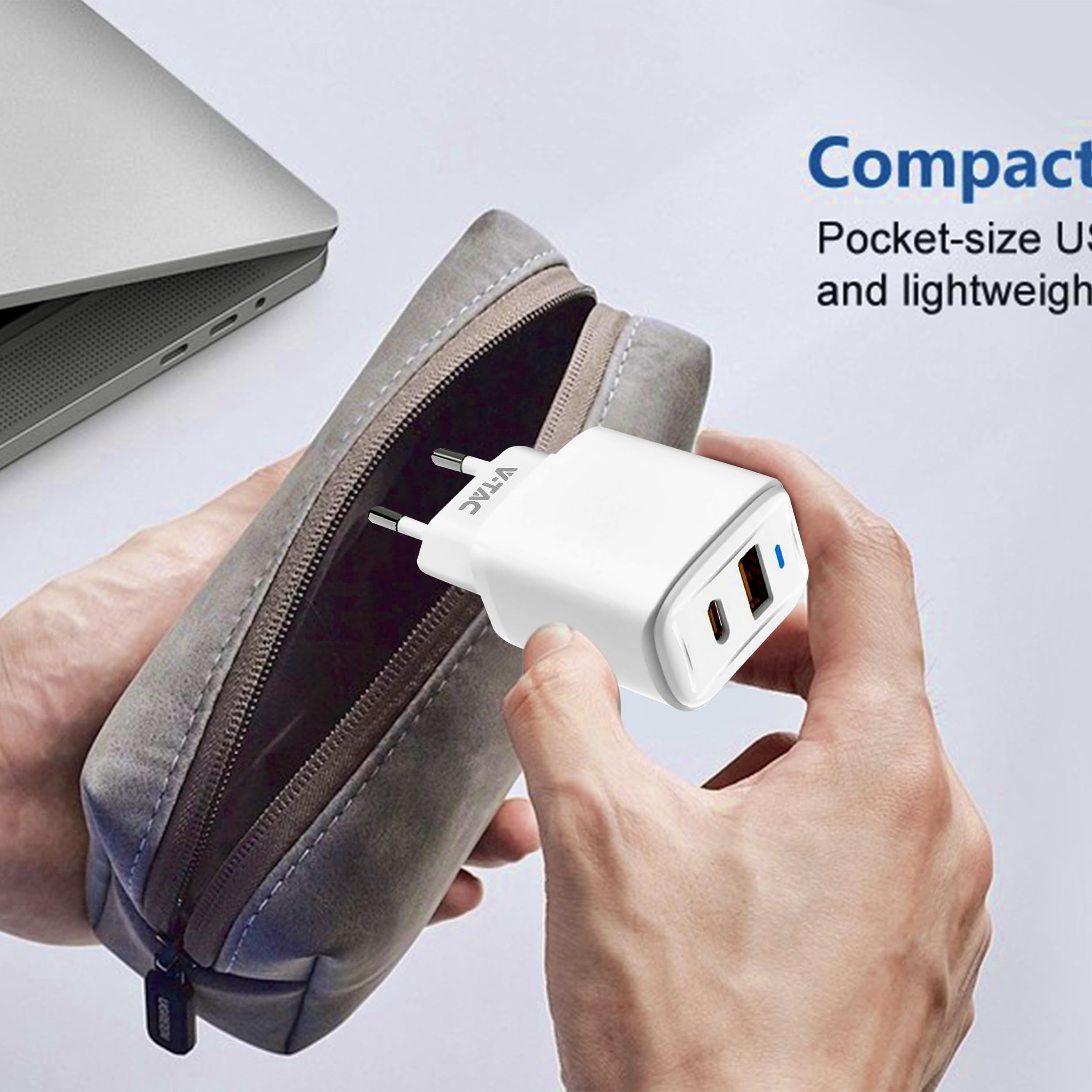 V-TAC Caricatore Rapido USB-C 20W per Iphone e Samsung – [SUPER PICCOLO] - per Smartphone e Dispositivi – 2 Porte: Type C + USB A - Compatibile Iphone 14/15/16/17 PRO/MAX e Galaxy S25 / S26 / A56