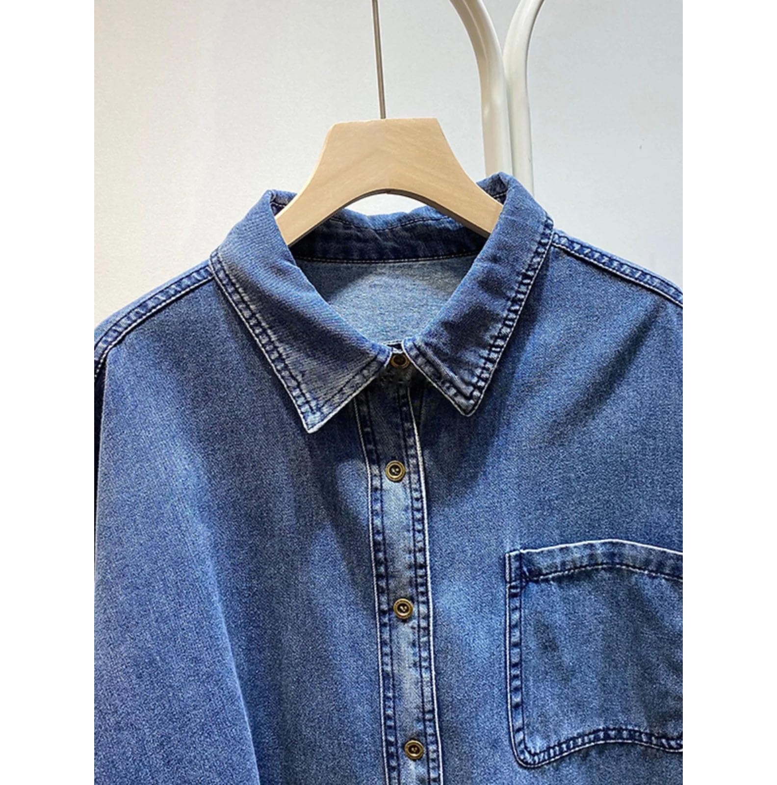 Camisas de mezclilla retro de estilo francés para mujer, cuello de vuelta, manga larga, holgadas, delgadas, para ocio