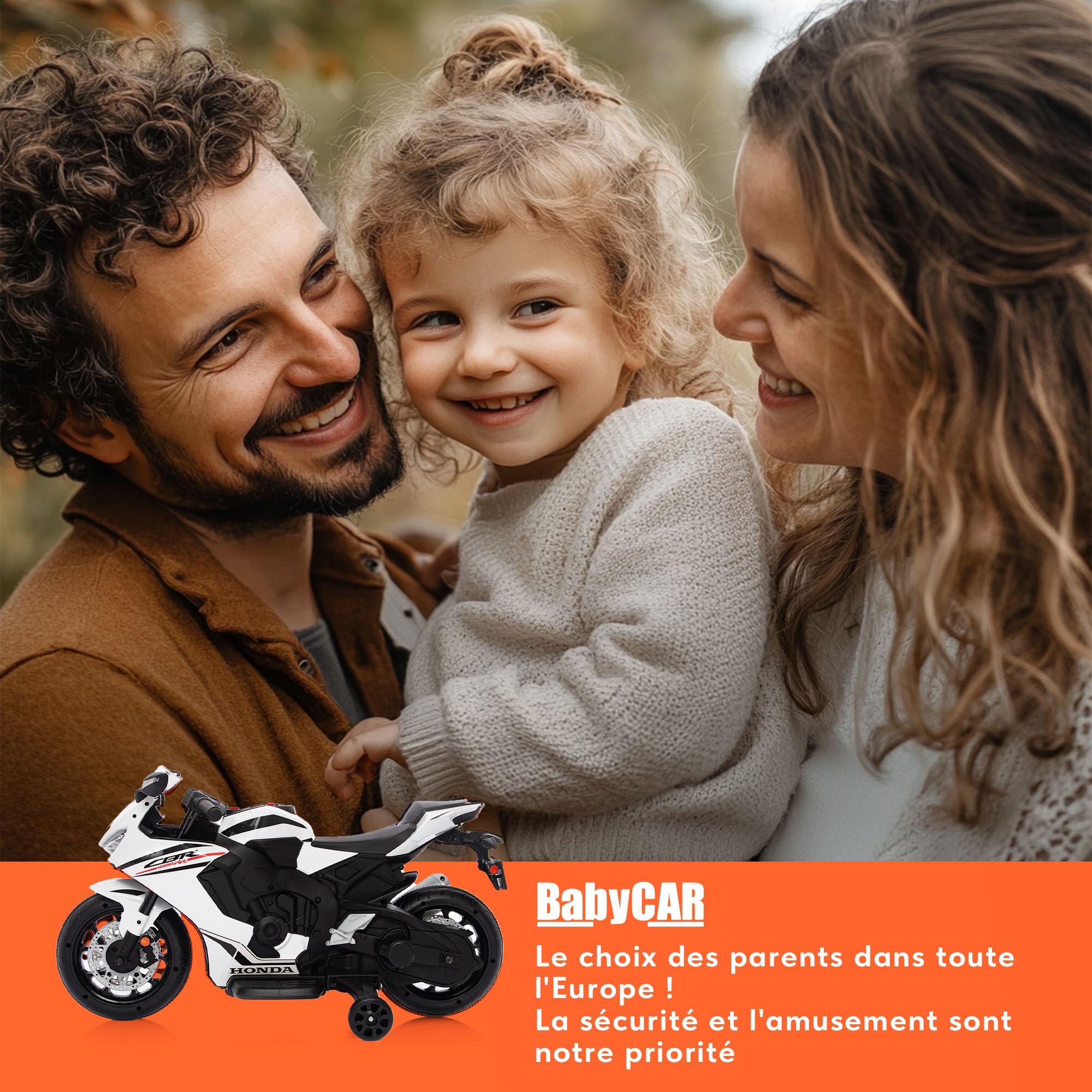 Moto Electrique Enfants BabyCar Honda CBR 12V | Moto Électrique Enfant 3-5 Ans avec Lumières, Sons, MP3/USB et Roulettes Stabilisateurs | Batterie 12V 3,5Ah, Moteur 30W et Accélérateur au Pied | Blanc