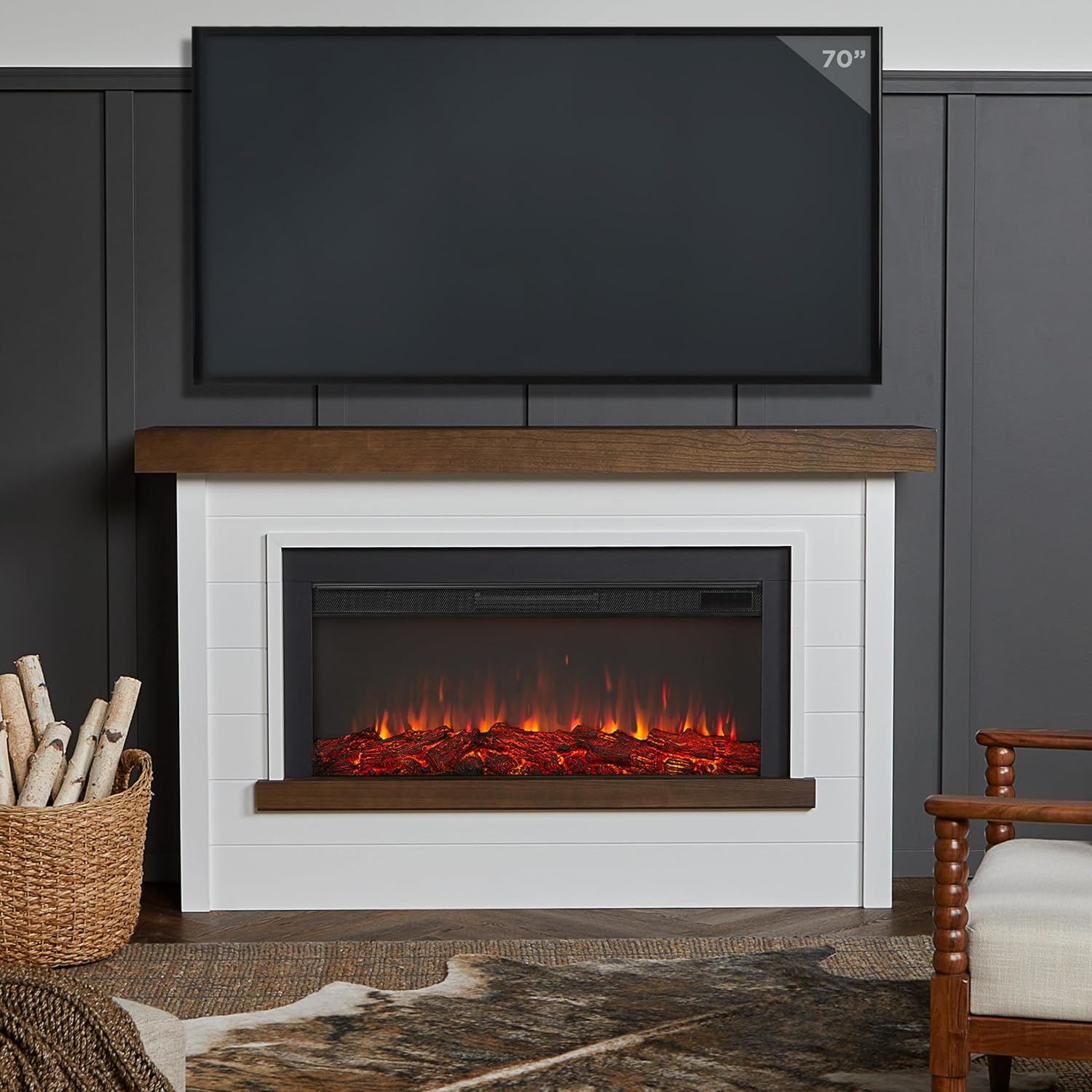 Electric fireplace with a TV mounted above it, demonstrating placement options