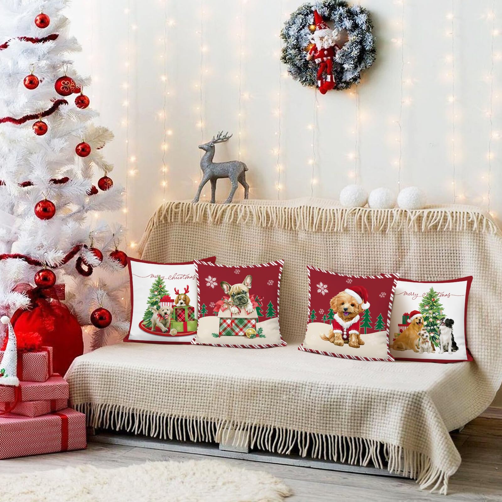 Bonhause Christmas Dog Cushion Covers 45 x 45 cm Xmas Lovely Pet Dog Red Decorative Throw Pillow Covers Soft Velvet Pillowcases for Sofa Bed Winter Holiday Decor Set of 4 - Image 3