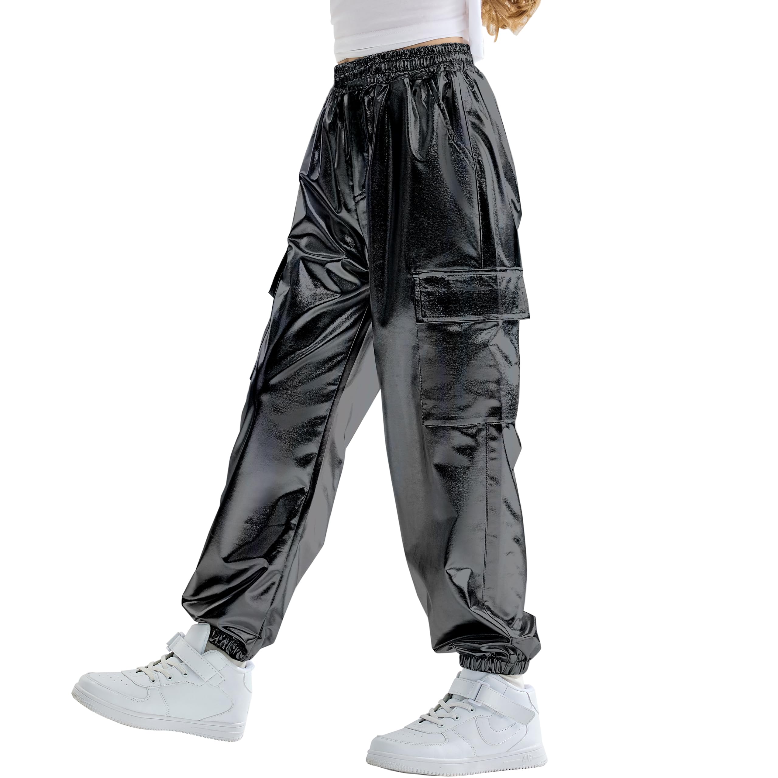 Rolanko Girls Metallic Cargo Pants, Shiny Jogger Pant for Dance 6-15 Years