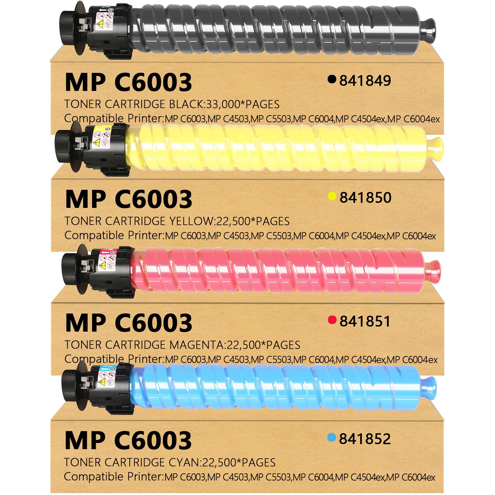 High Yield MP C6003 Toner Cartridges 841849 841851 841852 841850 | Compatible for Ricoh Aficio MP C6003 MP C4503 MP C5503 MP C4504 MP C4504ex MP C5504 MP C6004 MP C6004ex MP C6503 Printer(4Pk)