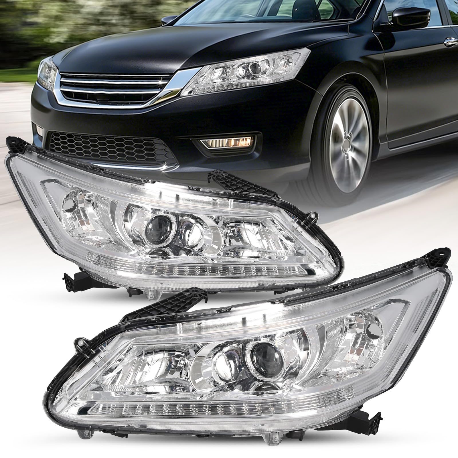 Headlights w/o LED DRL Fit for 2013-2015 Honda Accord 4-Door Halogen Model | Not fit Coupe,Not Including Bulbs,Bright and Uniform Light,Clear Road