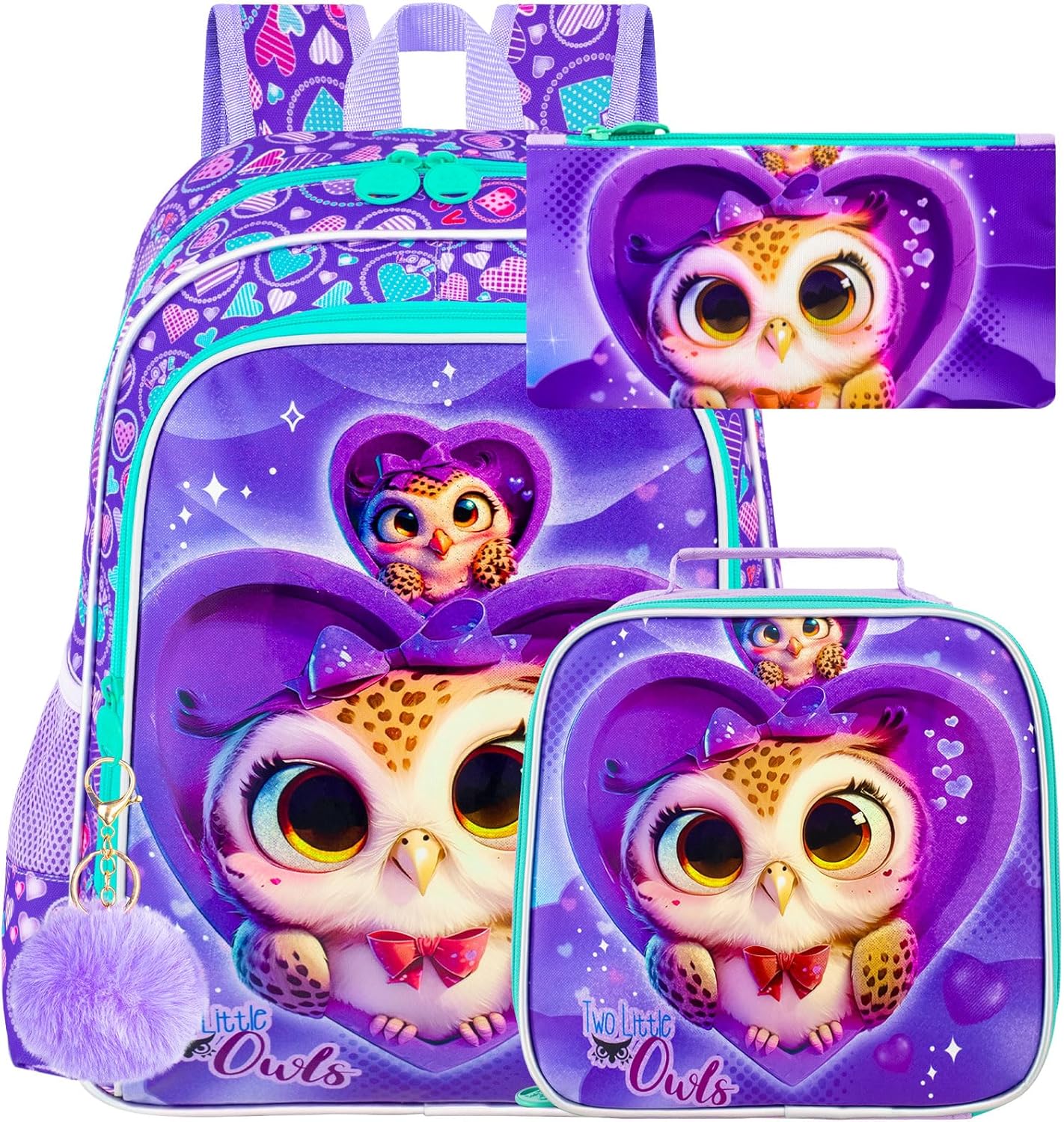 3PCS Girls Backpack, Kids Water Resistant Heart Bookbag Set with Lunch Box, Cute Kids School Bag for Preschool Toddler