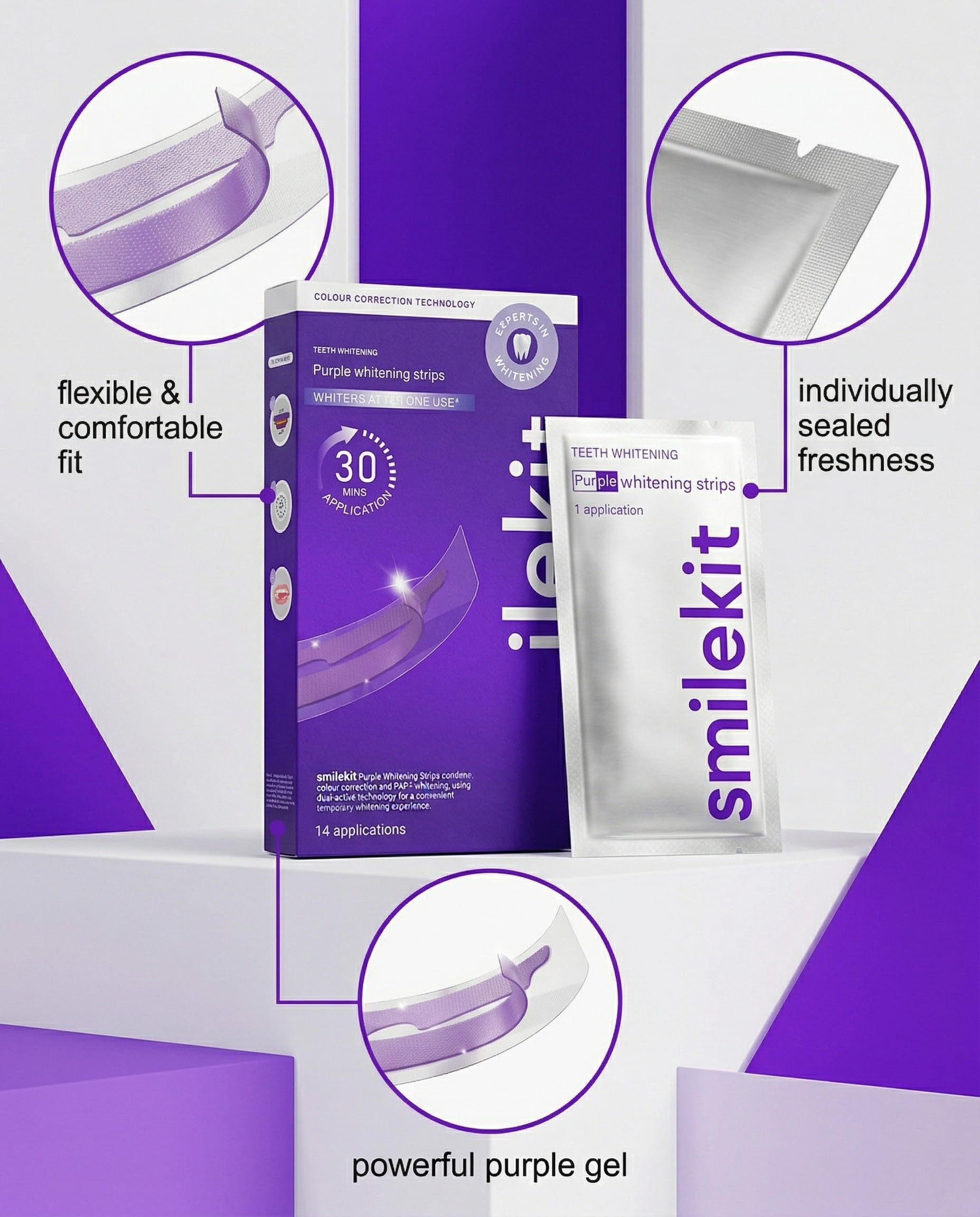 14 strisce sbiancanti per i denti color viola: sbiancamento efficace a casa, eliminano macchie gialle e pigmentazioni, per un sorriso smagliante.