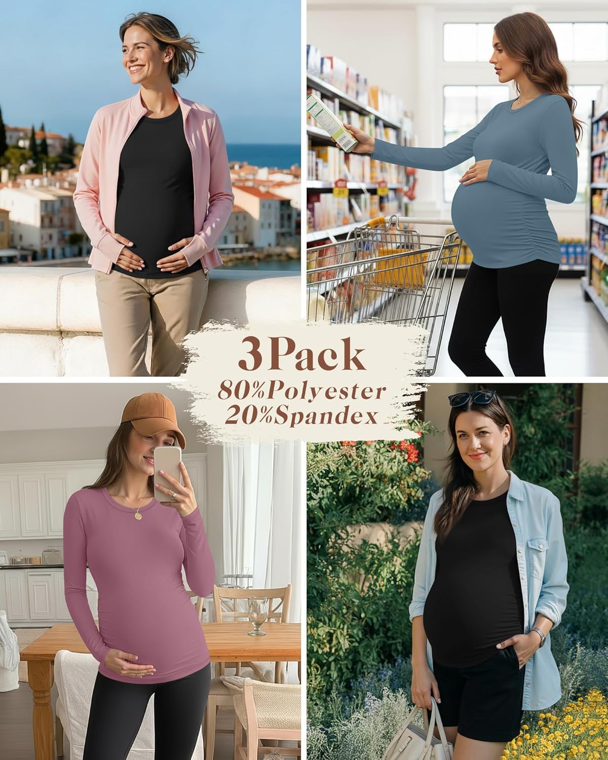 3 Pack Women's Maternity Athletic Yoga Shirts Pregnancy Long Sleeve Side Ruched Tops Casual Crew Neck Basic Tee - Image 2