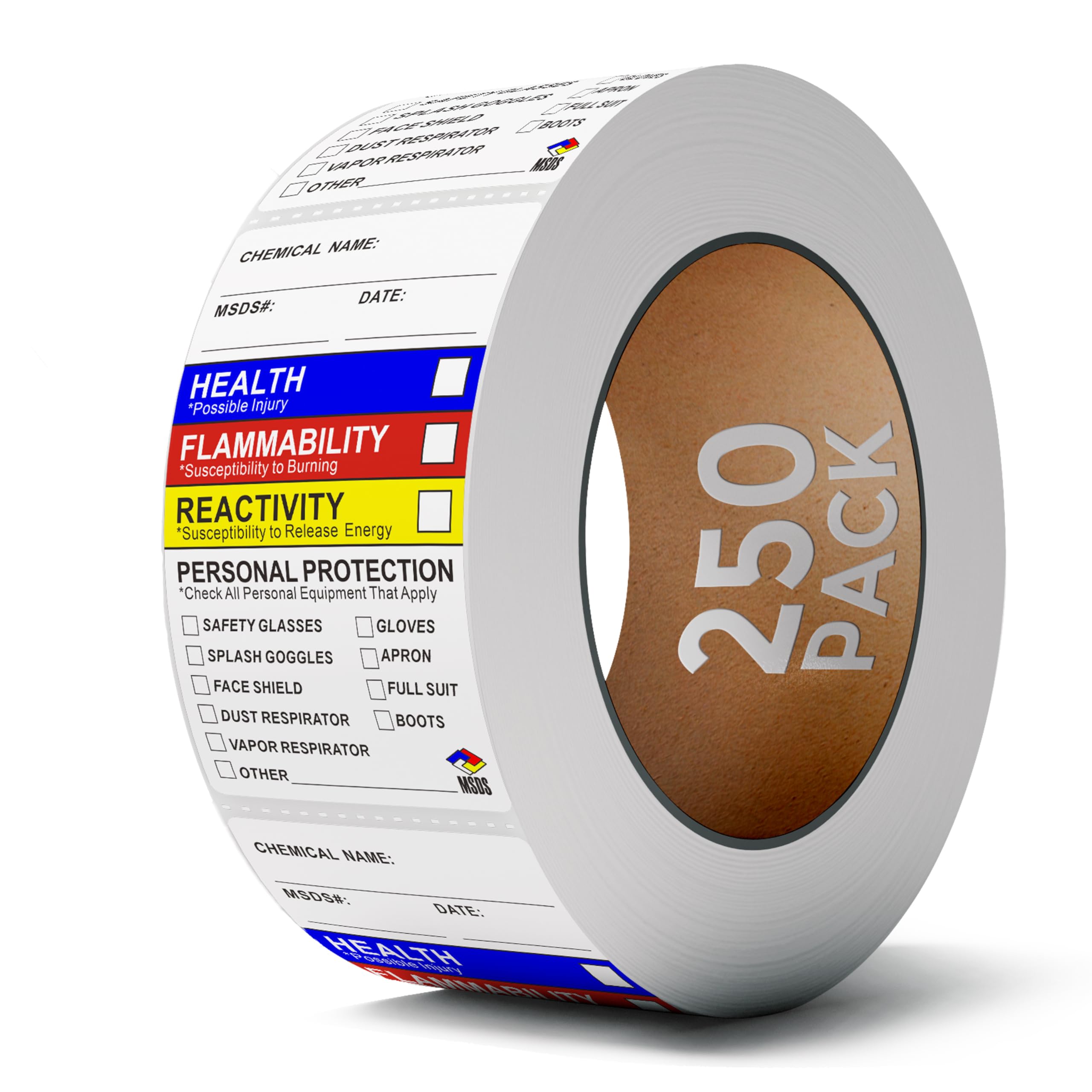 SDS MSDS Labels Stickers, Roll of 250 OSHA Ghs Hmis Labels Stickers for Chemical Safety, Ghs Labels for Secondary Containers, HMIS & Hazard Compliant, White Color