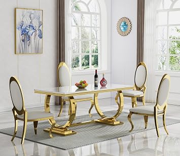68" Marble Dining Table Set for 4, Luxurious Kitchen Table with Gold Stainless Steel Pedestal, Modern Faux Marble Dining Room Table with 4 White Leather Dining Chairs Set, 5 Piece Dining Table Set