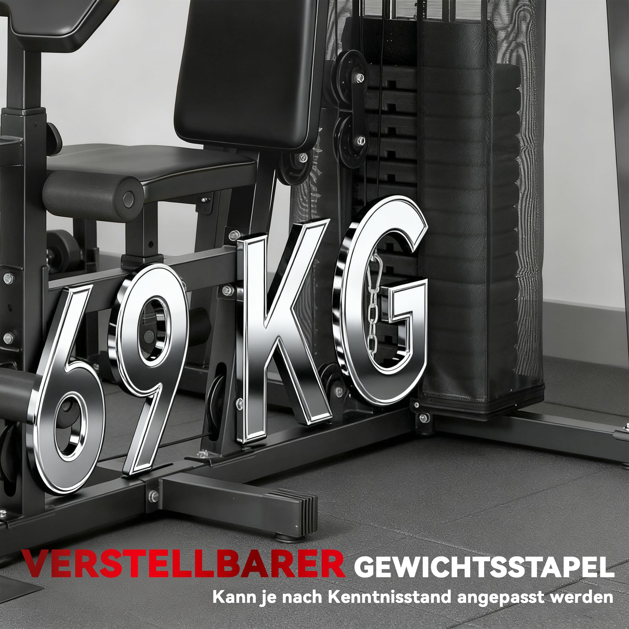 SPORTNOW Kraftstation Fitnessstation mit Latzug Butterflystange 69kg Gewichten, Seil, verstellbar Bank, Multifunktion Multistation bis zu 120kg belastbar Fitnessgerät Trainingsstation für Zuhause