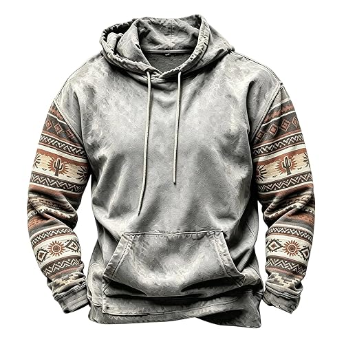 Mens Western Aztec Hoodies Sweatshirts Vintage Cowboys Outfits Fleece Lined