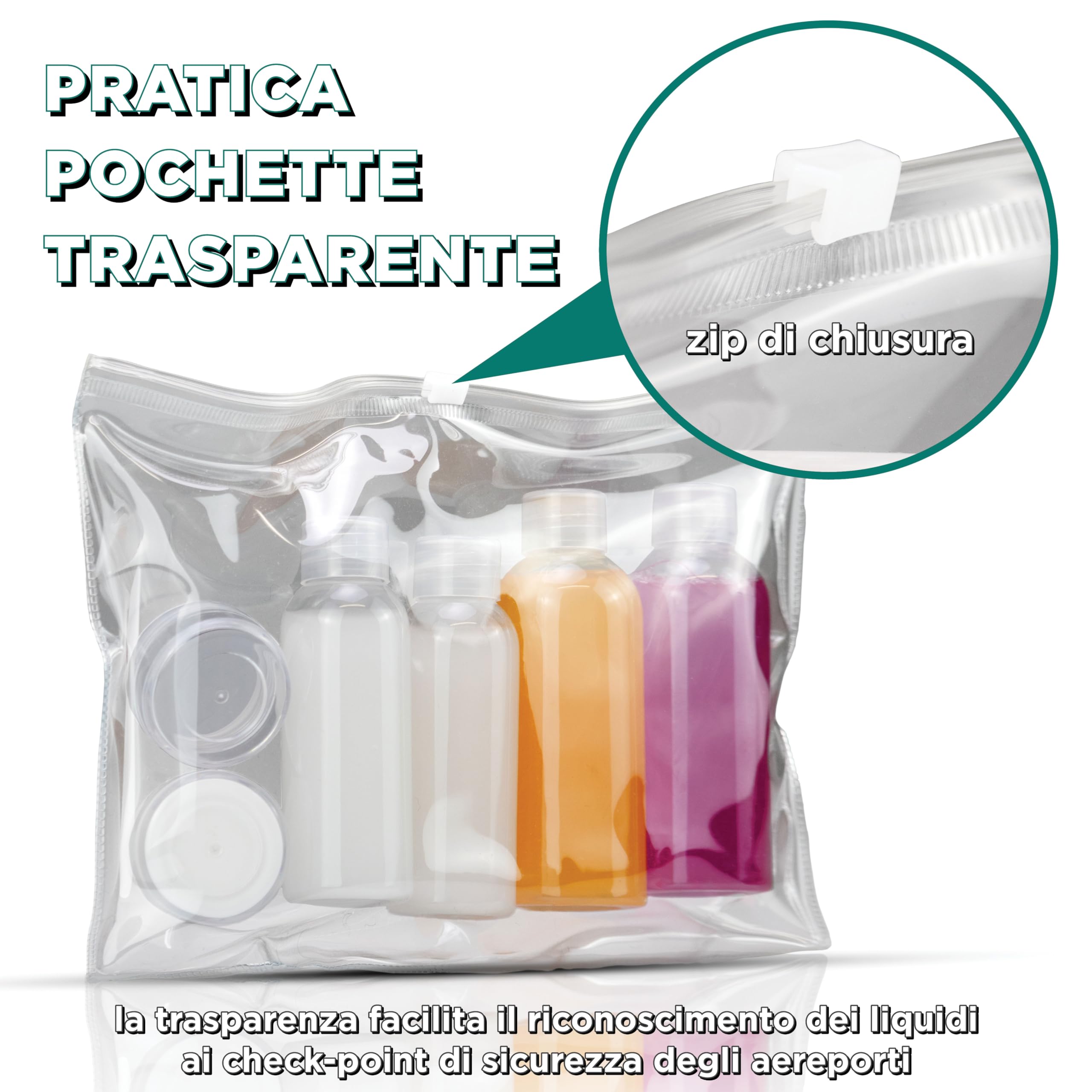 7 PZ Kit Viaggio Liquidi BENESSERE In Linea® - kit Liquidi Aereo - kit viaggio aereo - Travel kit 100 ml - Porta Liquidi da viaggio aereo - 2 flaconi 100 ml + 2 flaconi 50 ml + 2 Porta Crema / Lenti