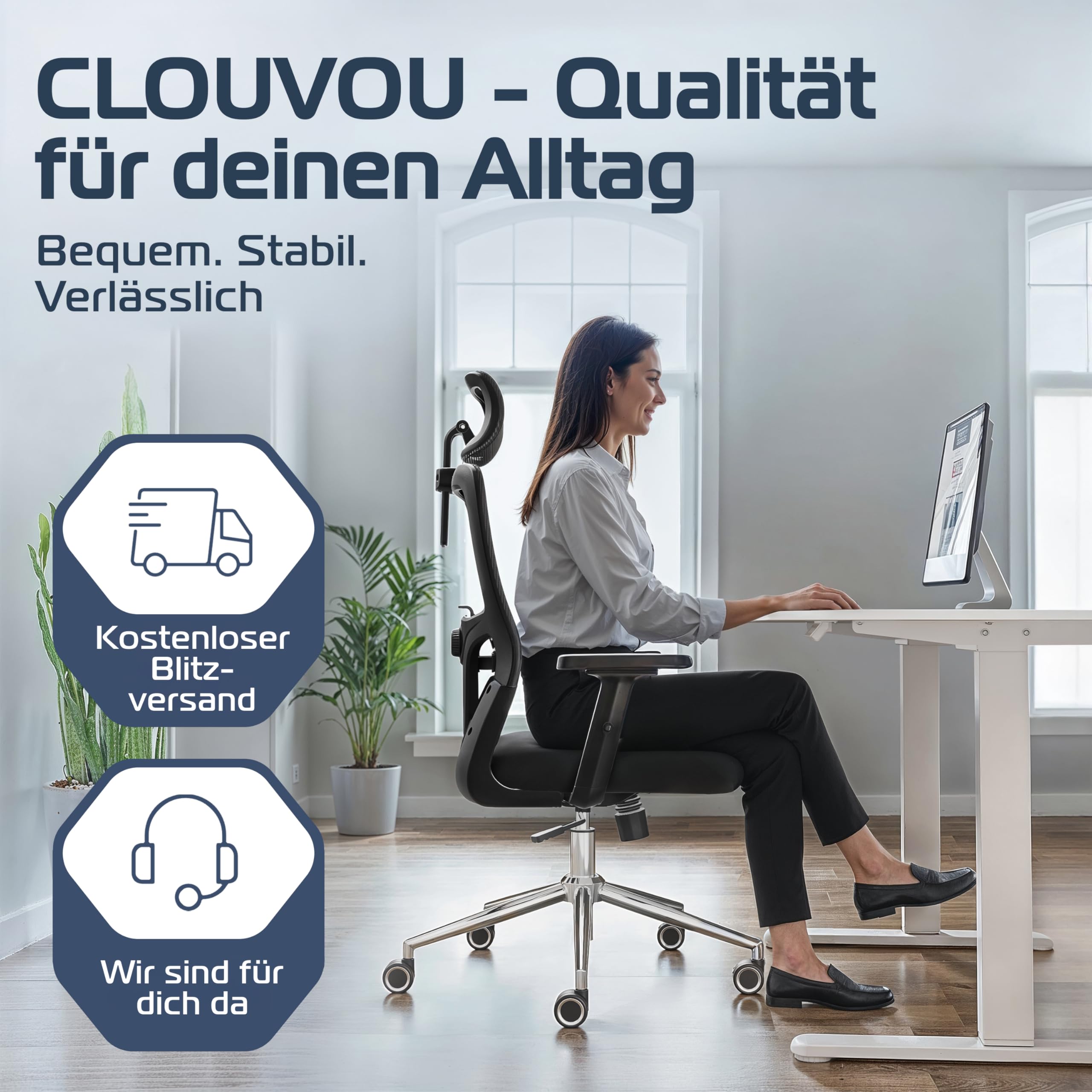 CLOUVOU BrightSeat Bürostuhl Ergonomisch [TESTSIEGER] | Drehstuhl 150kg Schreibtischstuhl | Büro Stuhl & Gaming Stuhl | Home Office Chair Ergonomic | Atmungsaktiver Computerstuhl
