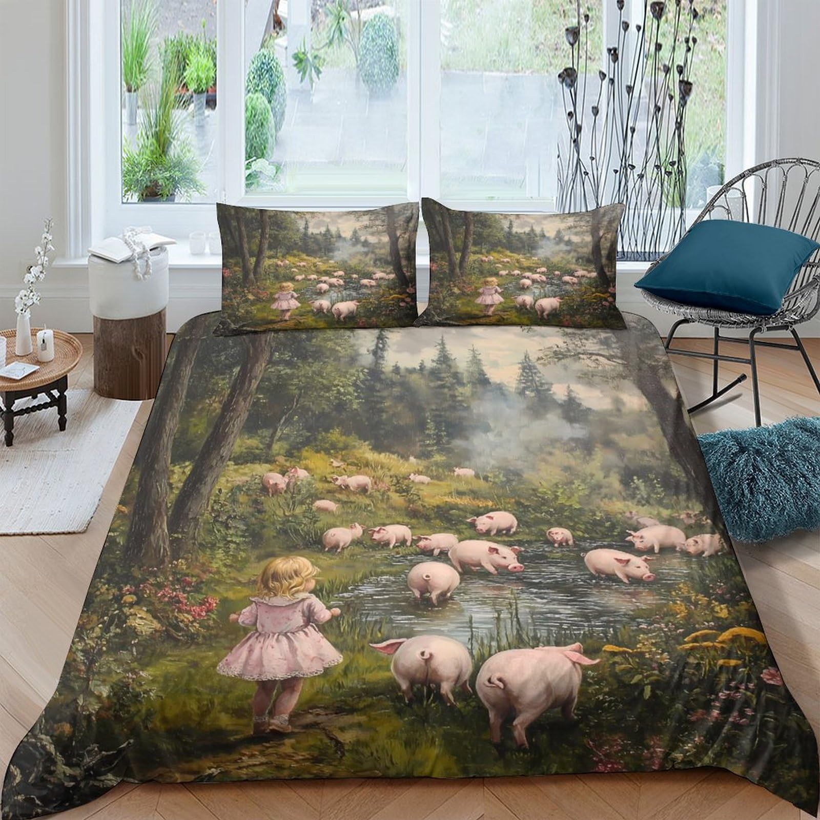 Ctjqhvkz Style-3 3D Printed Forest Path Fitted Sheet Microfiber Soft Scenic Piggy Meadow Mattress Cover For Bedroom Guest Room Decor Single（135X200cm）
