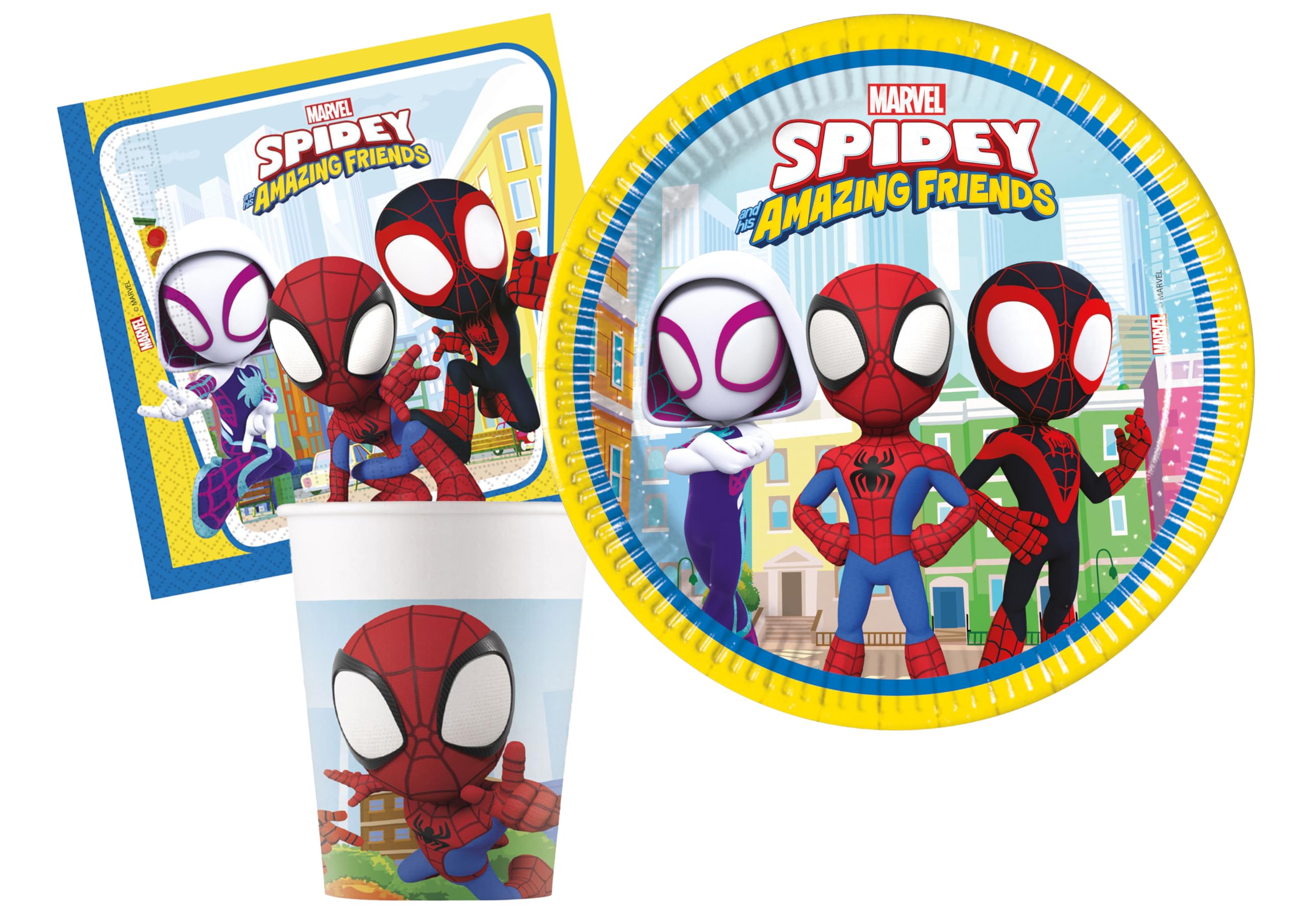 Kit Party Tavola Marvel Spider-Man Spidey and His Amazing Friends per 8 persone (36 pezzi: 8 piatti 23cm, 8 bicchieri 200ml, 20 tovaglioli 33x33cm