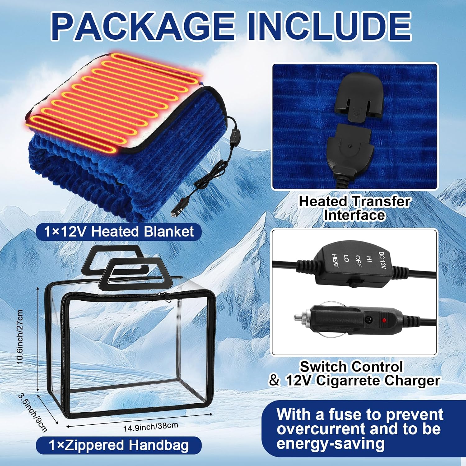 Riakrum 12v Heated Car Blanket 58" x 43", 3 Heating Level Electric Heated Blanket Portable Throw with Temperature Controller Cigarette Lighter Socket for Truck Winter(Smoky Blue,Ribbed) - Image 3