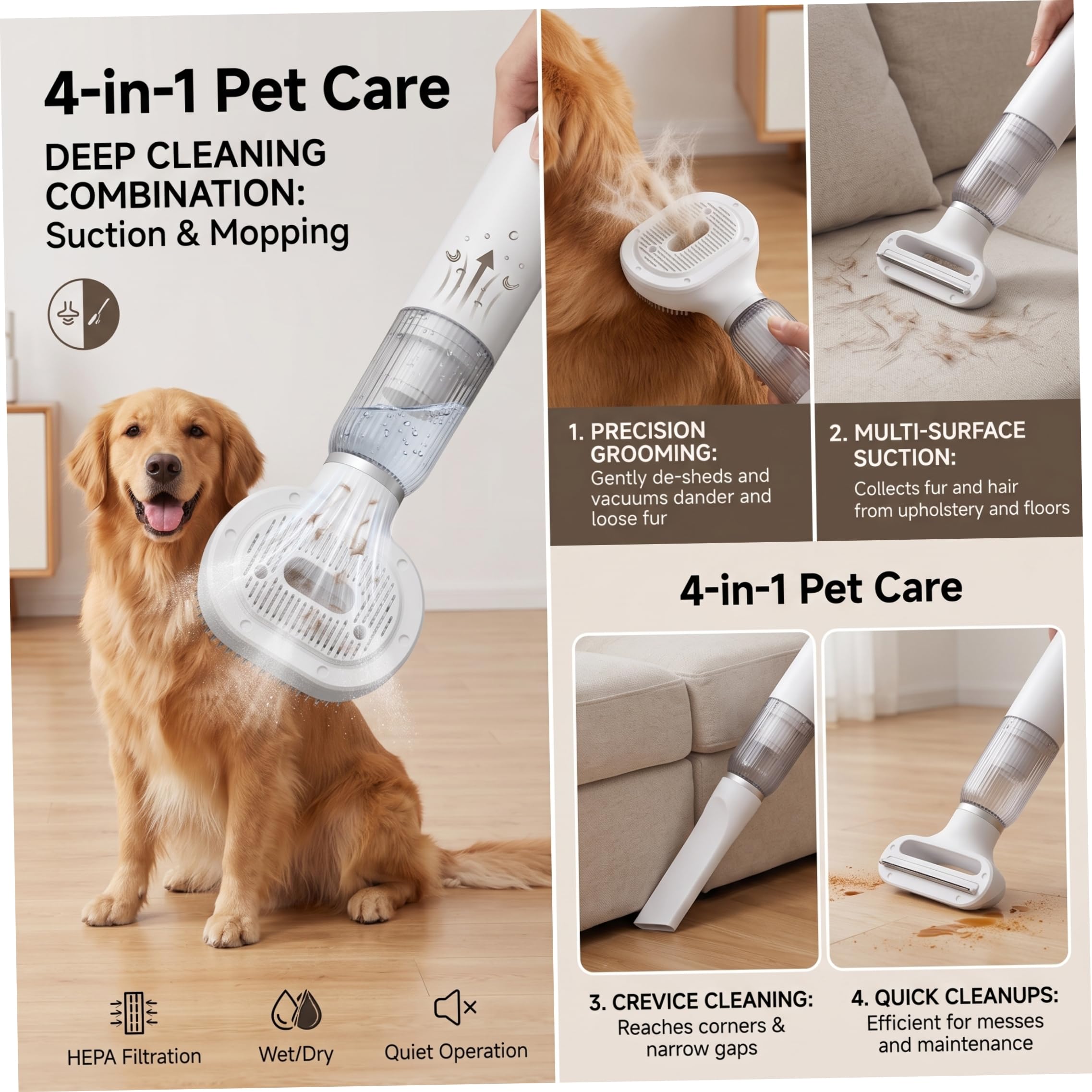 Kit de aseo para perros inalámbrico y ligero con cabezales de cepillo reemplazables, cepillo de aspiradora para perros y gatos, herramienta de aseo portátil, color blanco