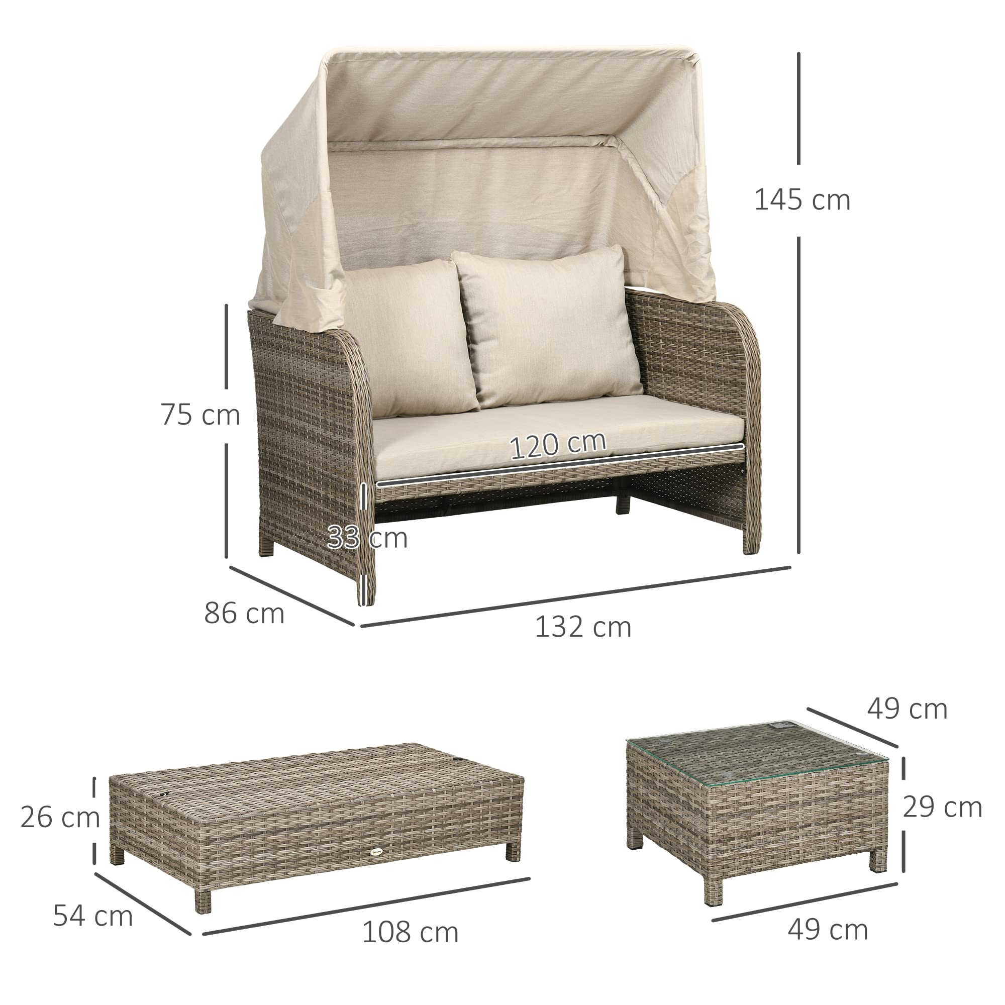 Outsunny Ensemble Salon de Jardin 4 pièces canapé 2 Places + 1 Repose-Pieds + 2 Table Basse avec Coussins - métal galvanisé et résine Aspect rotin - Beige Marron