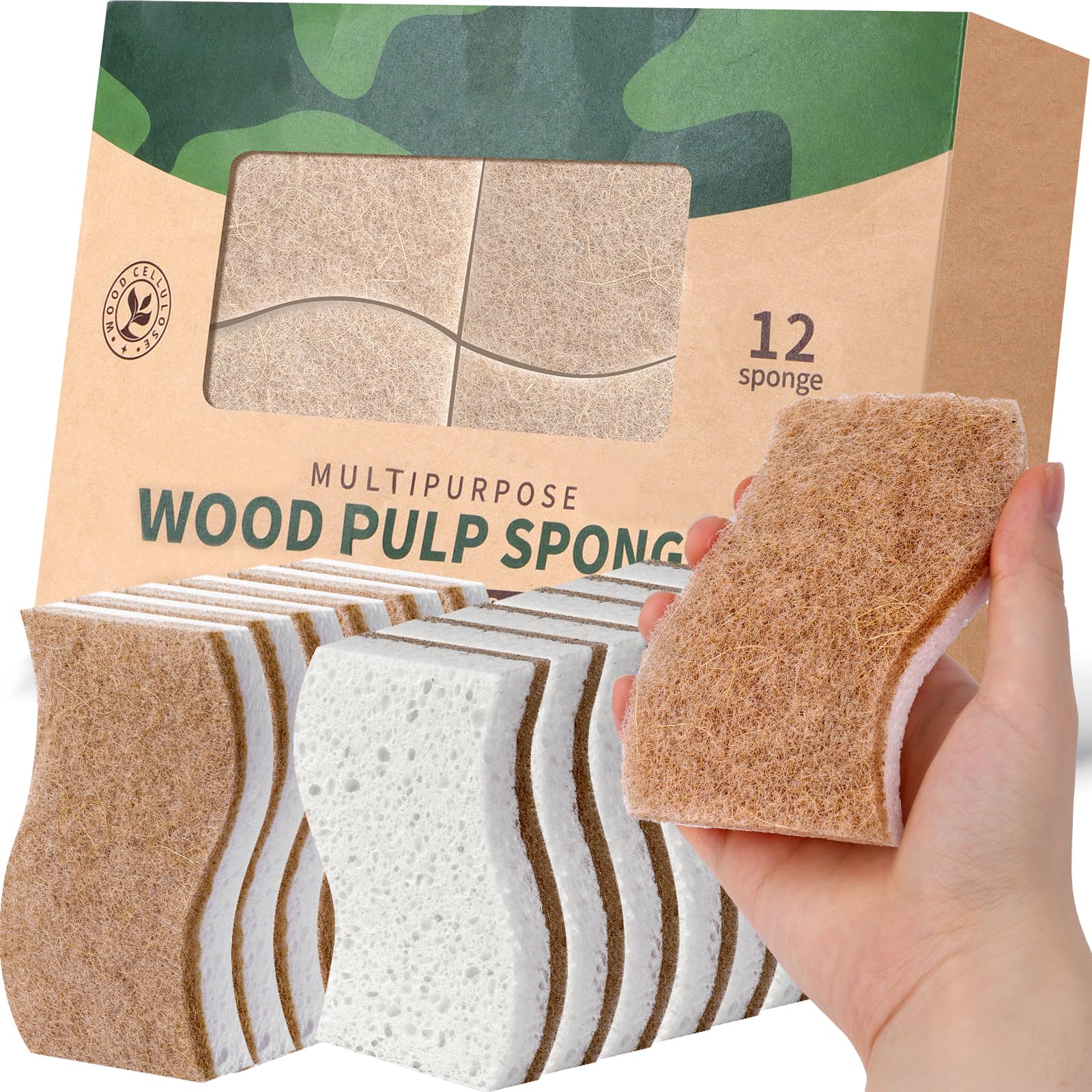 Photo 1 of ***ONLY6***JiedHiur 12Pack Natural Kitchen Sponge, Biodegradable Cellulose and Coconut Scrubber, Eco Friendly Sponges for Dishes