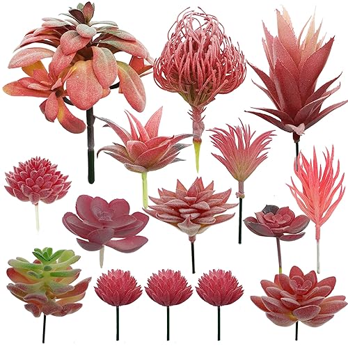 Cayway 15 PCS Artificial Succulent Plants, Red Fake Succulent, Unpotted