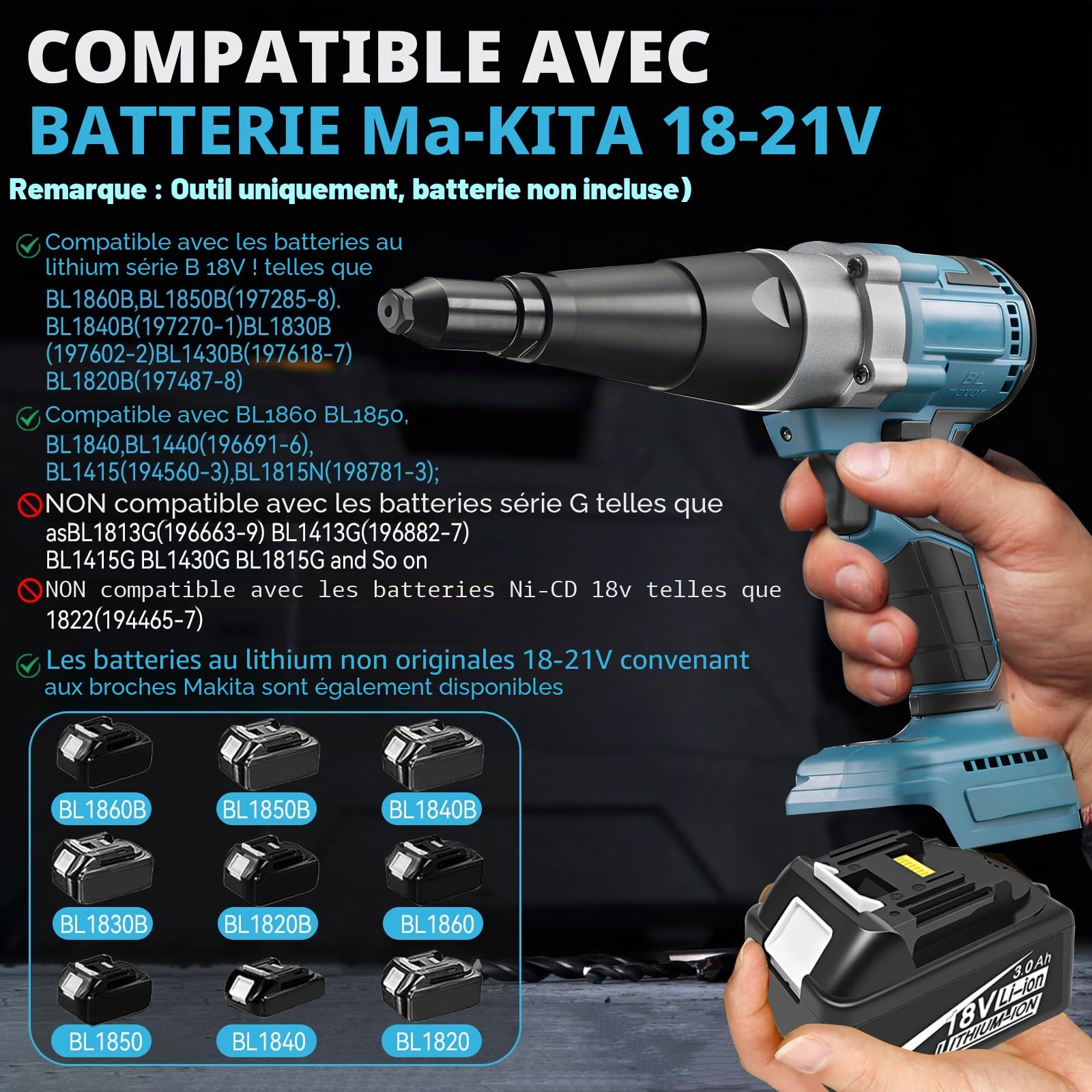 Riveteuse Sans Fil Compatible avec 18V, 20,000N Pince à Rivets Sans Balais avec lumière LED, Pince Automatique à Rivets Électrique pour Rivets de 3,2/4,0/4,8 mm (Sans Batterie)