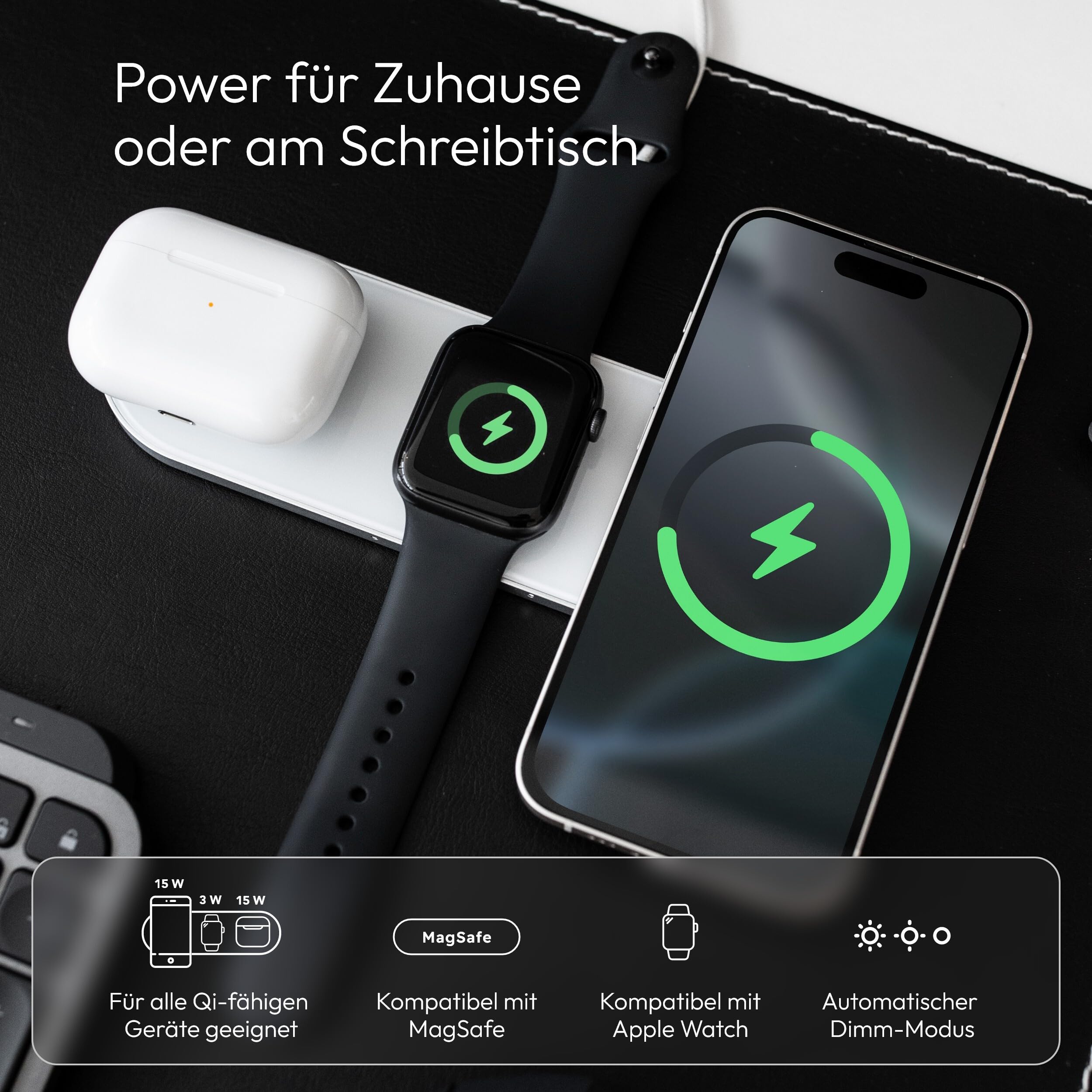VONMÄHLEN Aura Home - Wireless Charging Pad - 3in1 Schnellladegerät, Magnetisches Multi-Gerät-Ladepad, Kompatibel mit Handyhüllen bis zu 7mm, Hochwertige Materialien, Minimalistisches Design - White