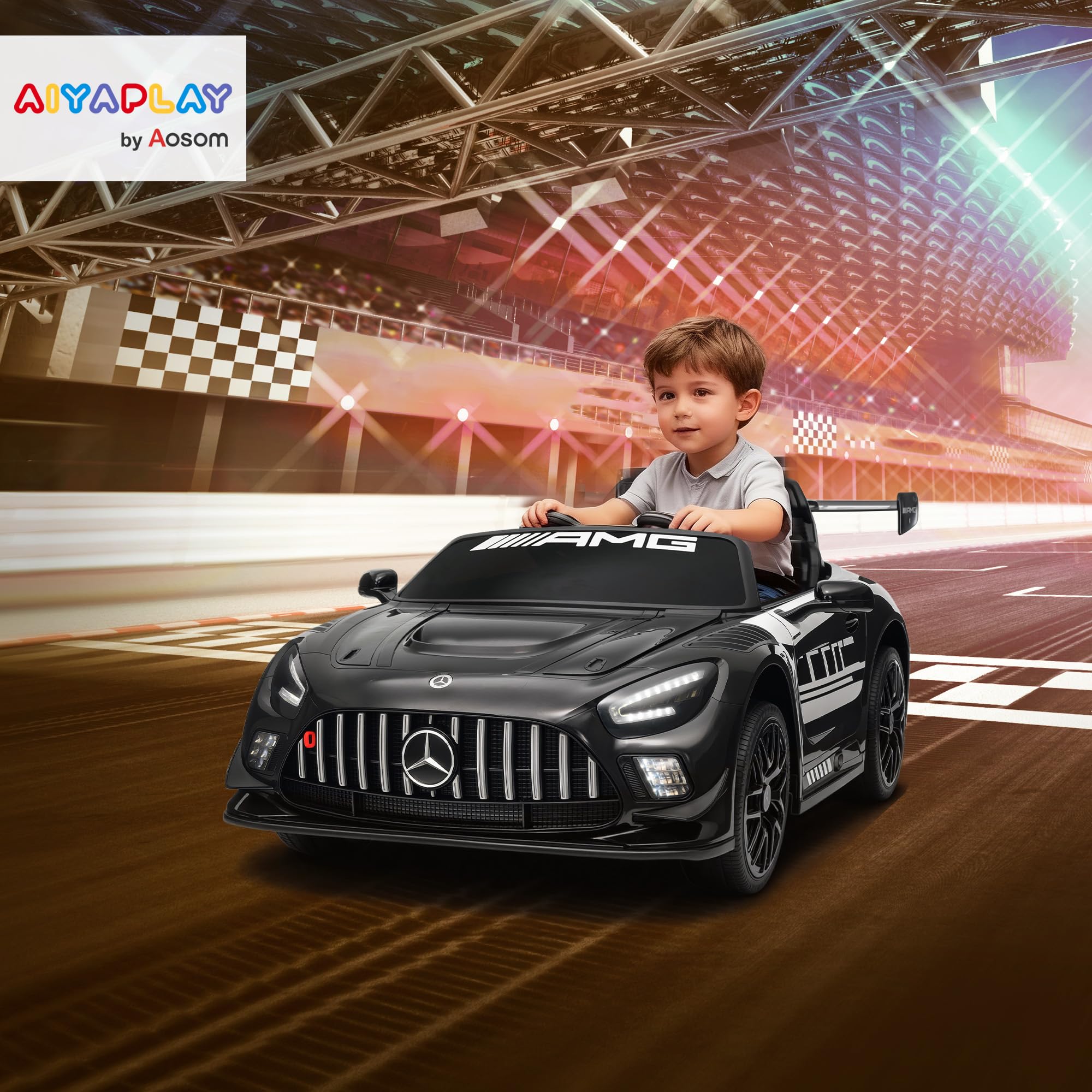AIYAPLAY Dziecięcy Samochód Elektryczny Mercedes-AMG, 12V z Pilotem 2,4GHz, 2 Silniki, Muzyka Bezprzewodowa, Pojazd dla Dzieci z LED, Klaksonem, Miękkim Startem, Kołami Wspomagającymi, Uchwytem do