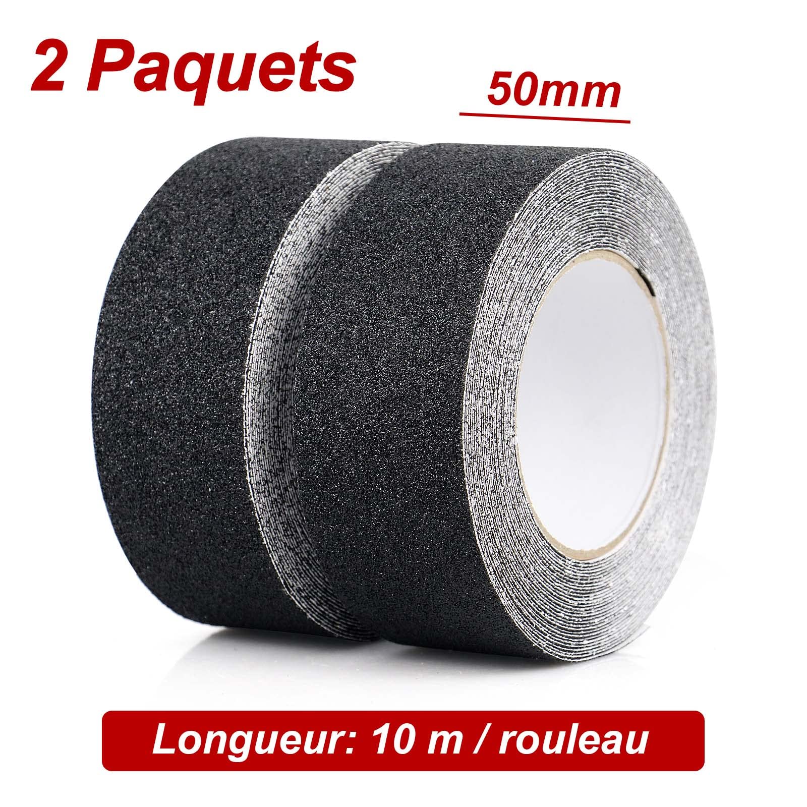 2 Pack Ruban antidérapant, Bandes antidérapantes avec Ruban adhésif antidérapant pour escaliers, marches, revêtements de Sol, Ruban antidérapant Solide, Autocollant, (5cm x 10m, Noir), BOMEI PACK