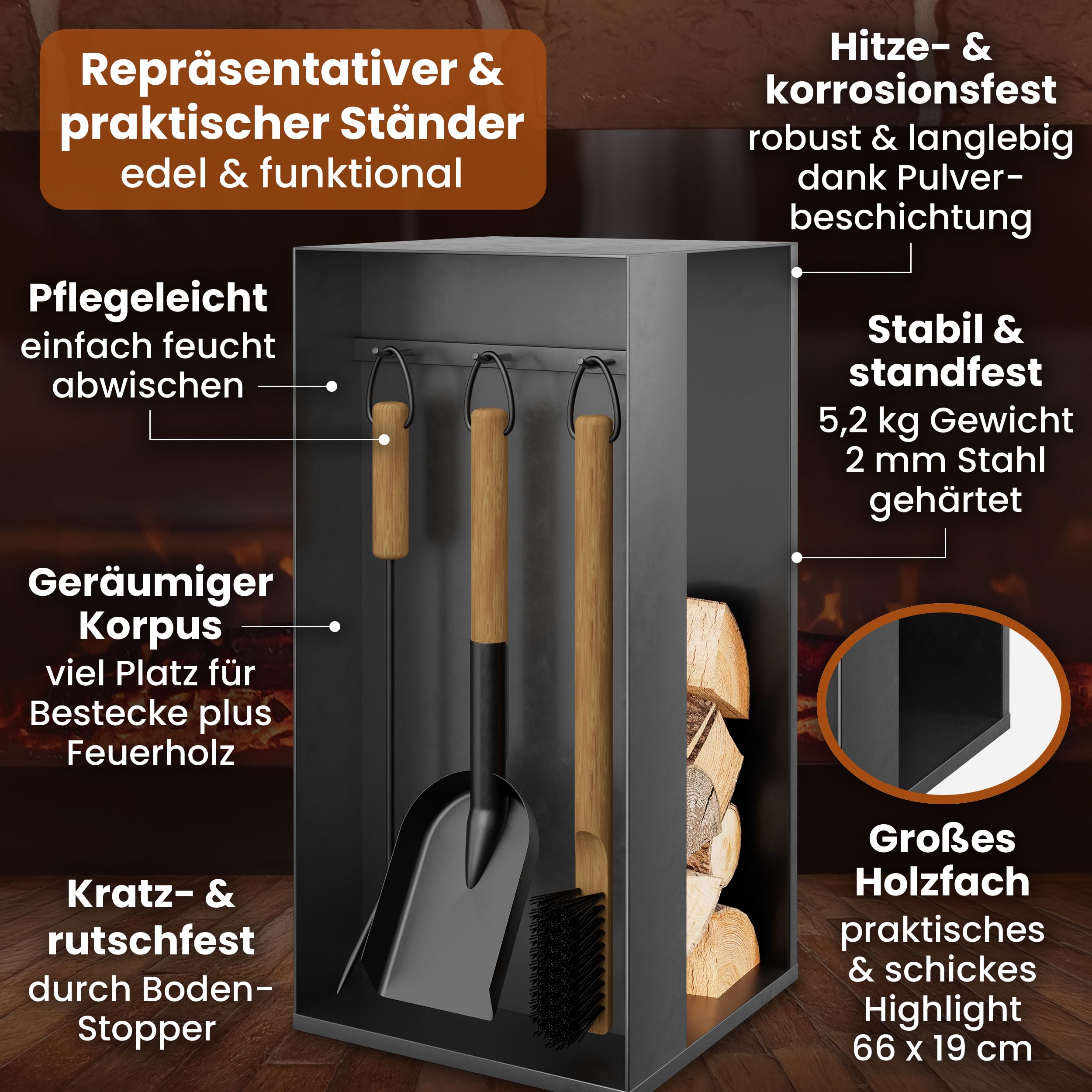BLACK OAK Kaminbesteck ASPEN 4-teilig - praktisches & repräsentatives Ofenbesteck Set schwarz mit Holzgriff 4 teilig Ständer + Schürhaken Ascheschaufel Kaminbesen Stahl Kaminzubehör Besteck für Ofen