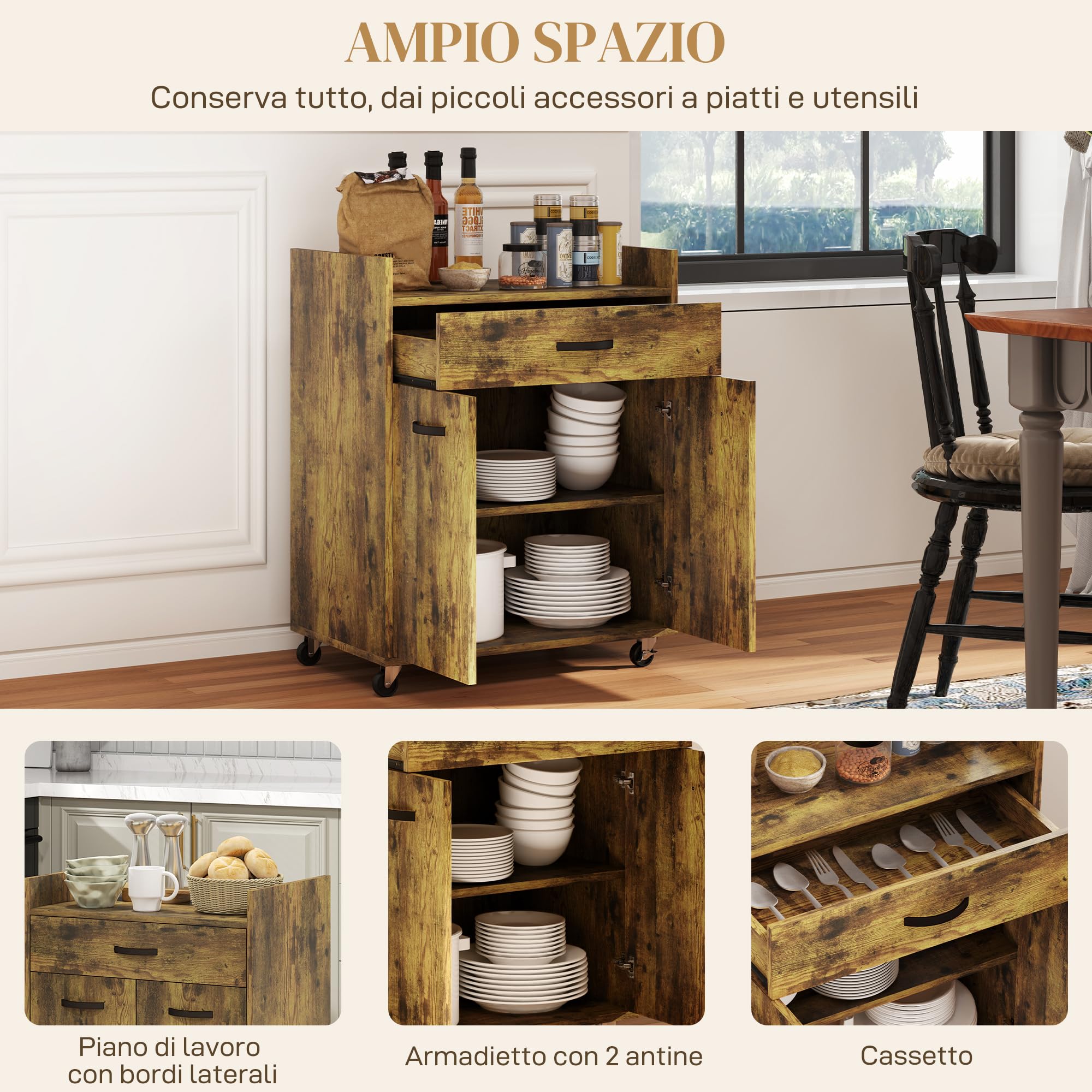 HOMCOM Carrello da Cucina Portavivande per Microonde con Cassetto e Armadietto, Isola per Cucina in Legno con 4 Ruote e Ripiano Regolabile, 60x40x77 cm, Marrone Rustico