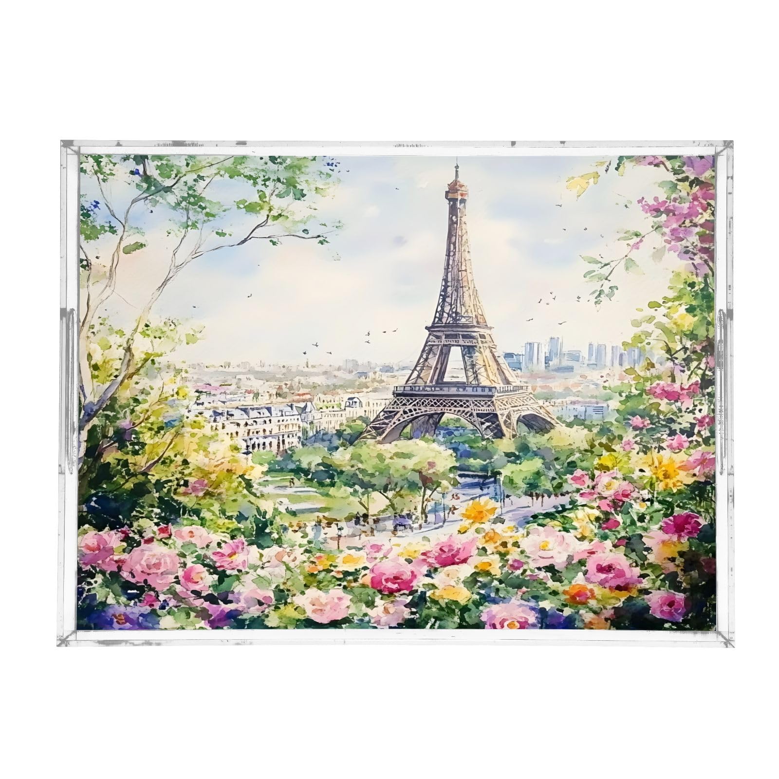 BOESI Watercolor Tower and Flower Sea Pattern Acrylic Decorative Dining Tray, Acrylic Decorative Tray Organizer with Handle for Kitchen, Dining Room, Bathroom, Dresser