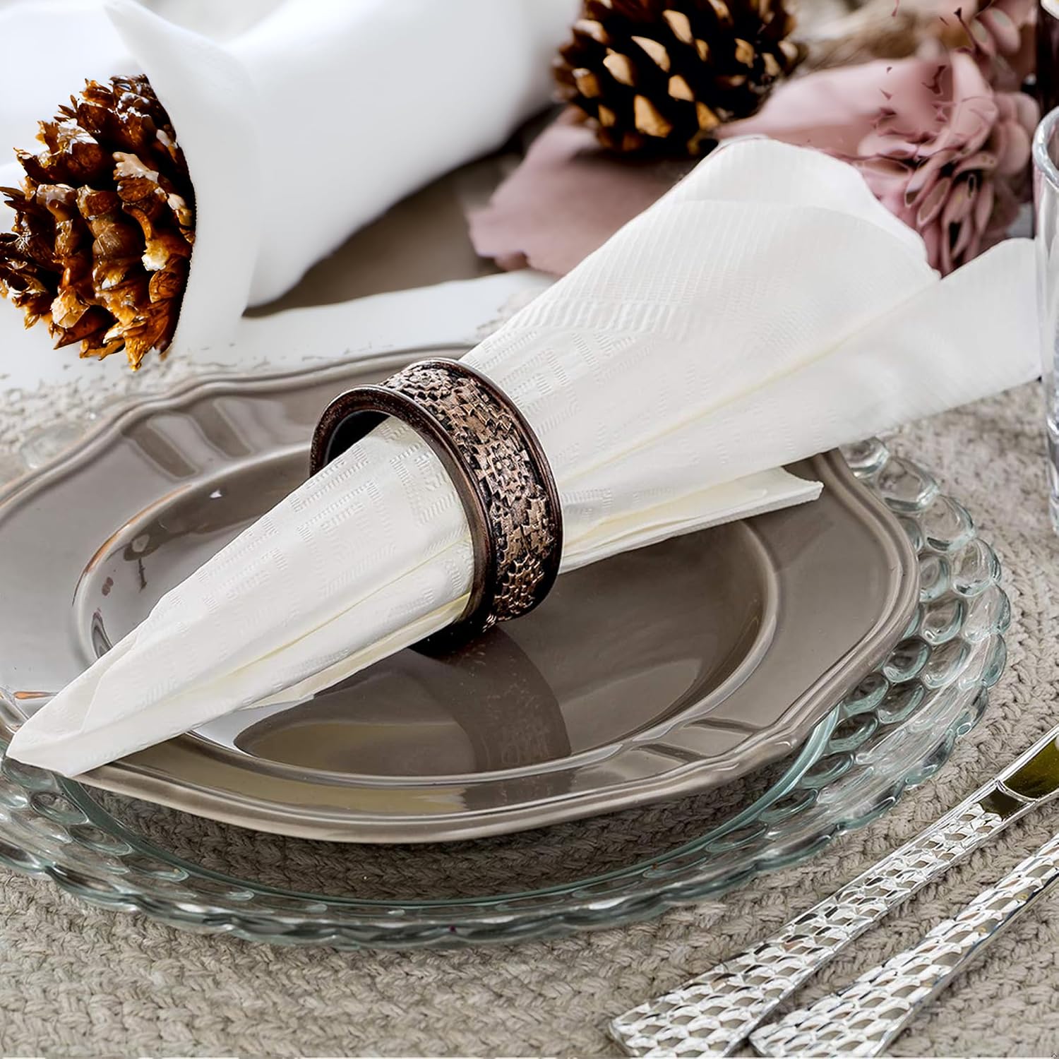 Creative Scents Dublin Brown Napkin Rings Set of 6 - Elegant Dining Table Decor Napkin Holder Rings - Rustic Table Setting Decorations for Thanksgiving, Fall, Holiday Dinner - Table Decor