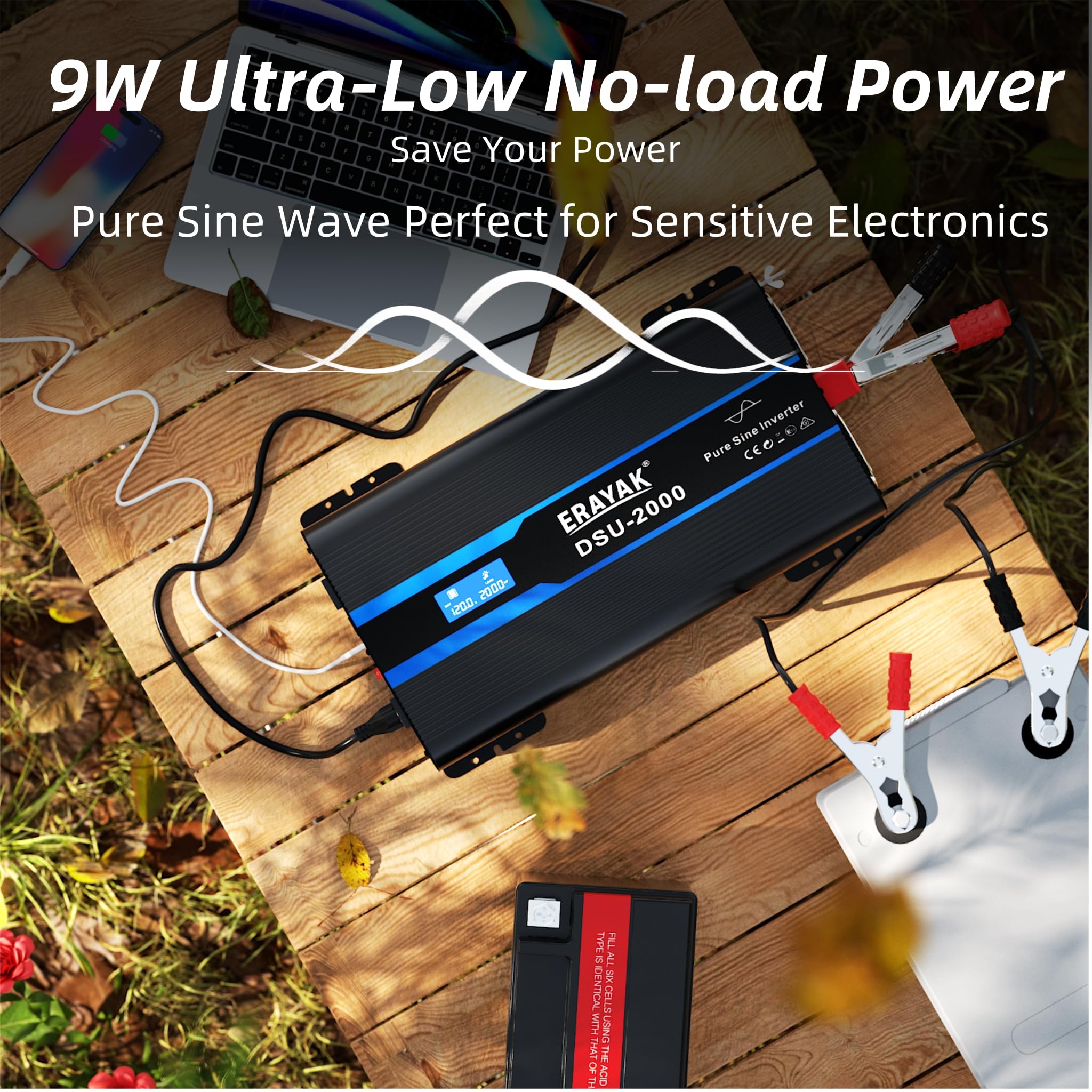 Erayak 2000W Pure Sine Wave Inverter 12V DC to 110V 120V AC Converter for Home, RV, Truck, Off-Grid Solar Power Inverter with 18W USB-C, Fast Charger, LCD Monitor, 6m Remote Controller