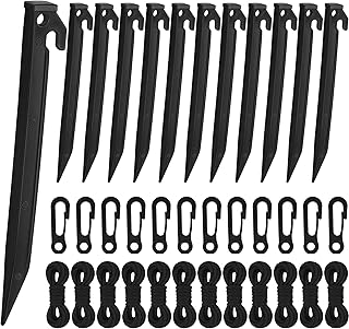 36 Pieces Plastic Inflatable Stakes Set Include Halloween Christmas Ground Stakes Tent Stakes, Plastic Stake Tethers Ropes and Hooks for for Ground Garden Inflatable Accessories, Black
