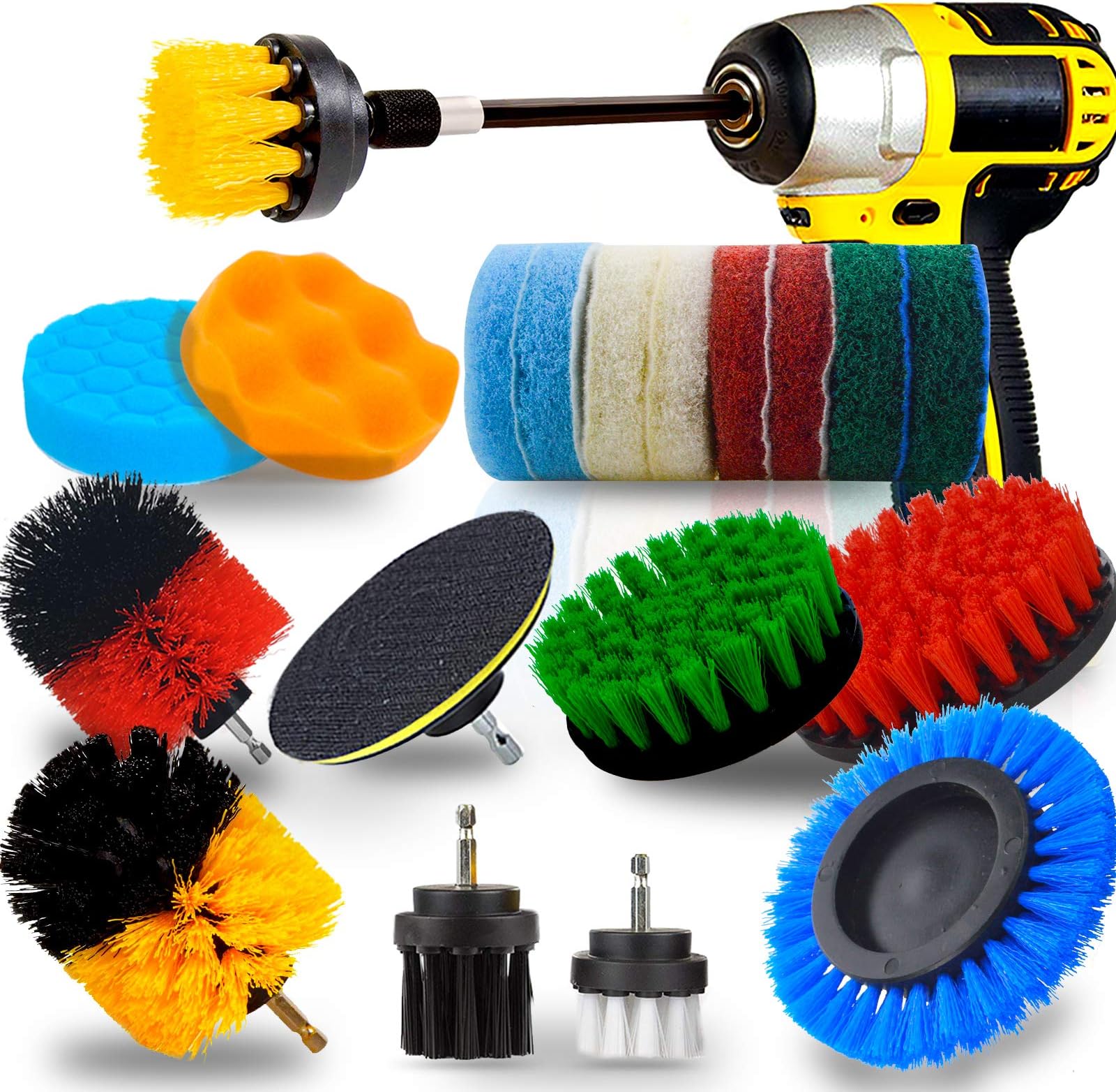 JUSONEY 20 Piece Drill Brush Attachment,Drifferent Size and Hardness - Premium Scrub Pads & Sponge- With Extend Long Attachment- Power Scrubber Brush Cleaning for Grout, Tiles, Sinks, Bathtub, Kitchen