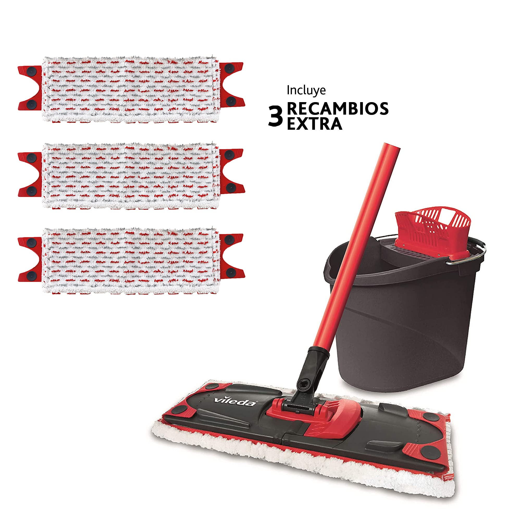 Vileda Ultramax - Set de limpieza, mopa de microfibras 2en1 para fregar y cubo con escurridor, cubo y mopa con palo telescópico para todo tipo de superficies, contiene 3 recambios adicionales
